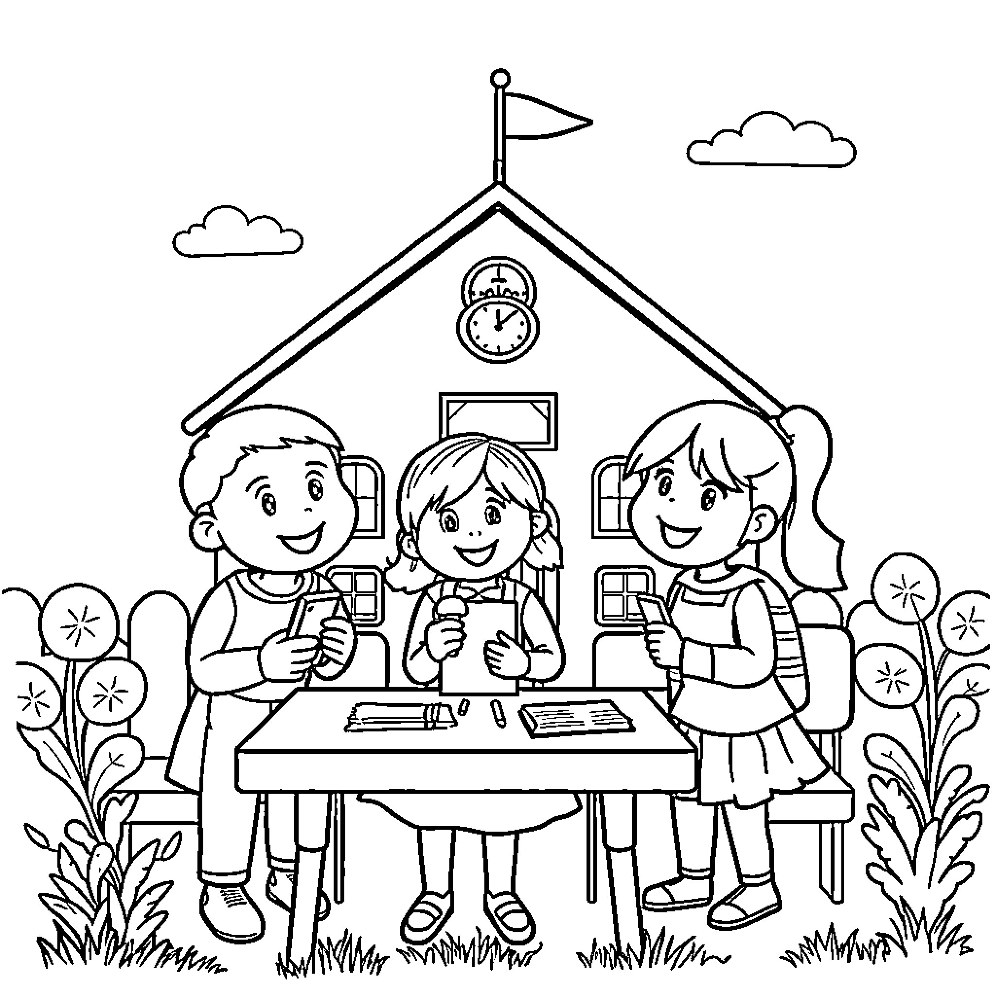 School Children Studying Together at Desk Coloring Page (free black-and-white line drawing printable PDF for all, from beginners to advanced learners, including children, teens, adults, and seniors)