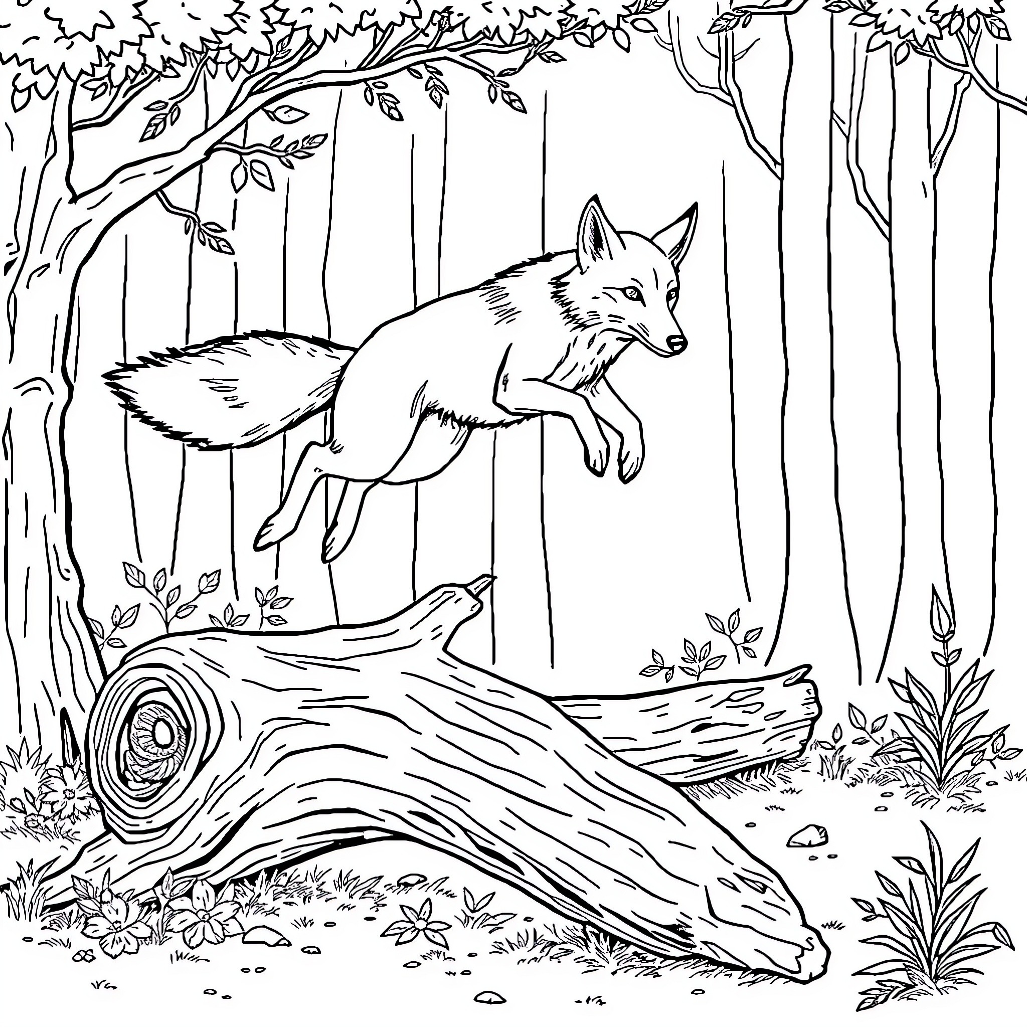 Fox leaping gracefully through the forest Coloring Page (free black-and-white line drawing printable PDF for all, from beginners to advanced learners, including children, teens, adults, and seniors)
