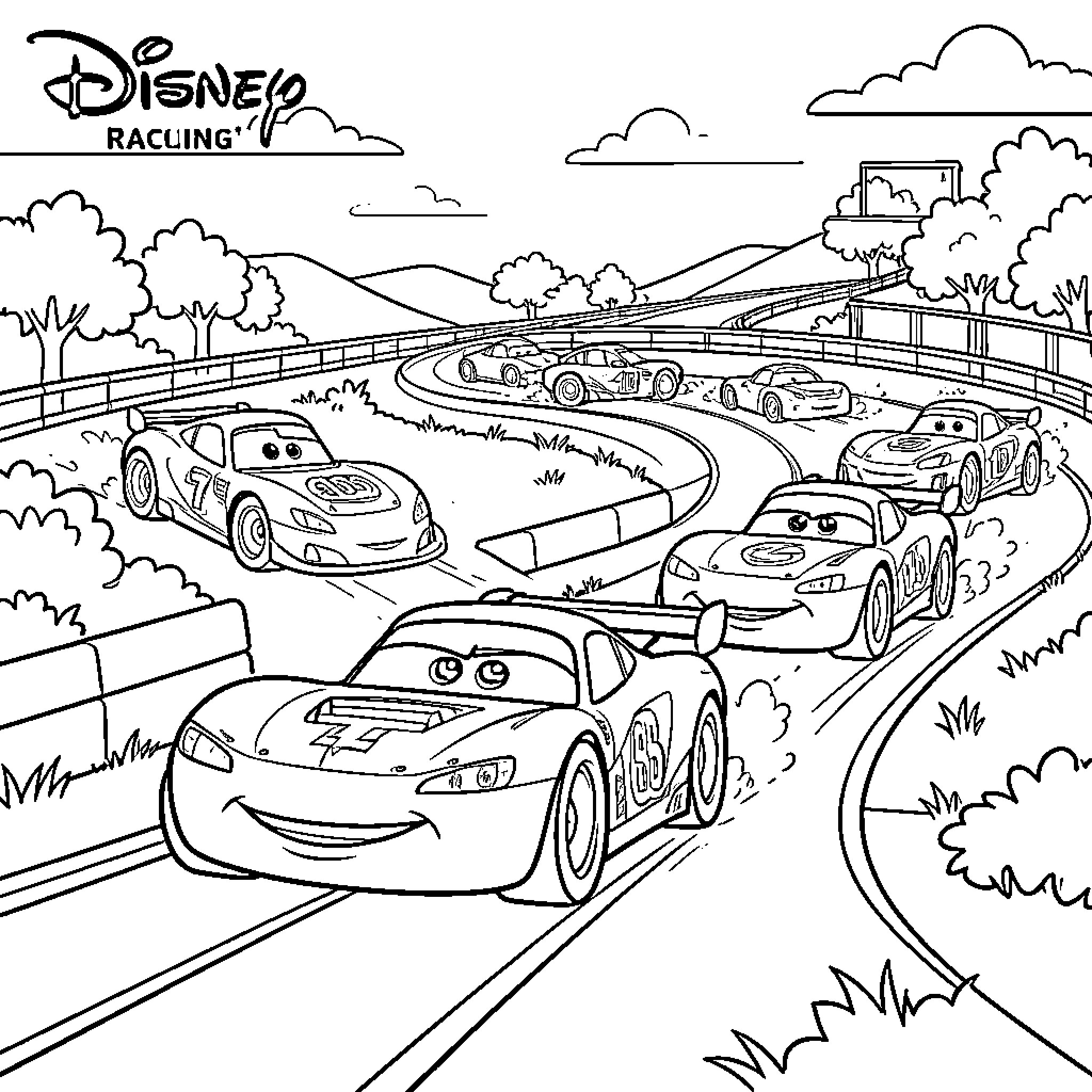 Disney Car racing fast on a winding track Coloring Page (free black-and-white line drawing printable PDF for all, from beginners to advanced learners, including children, teens, adults, and seniors)