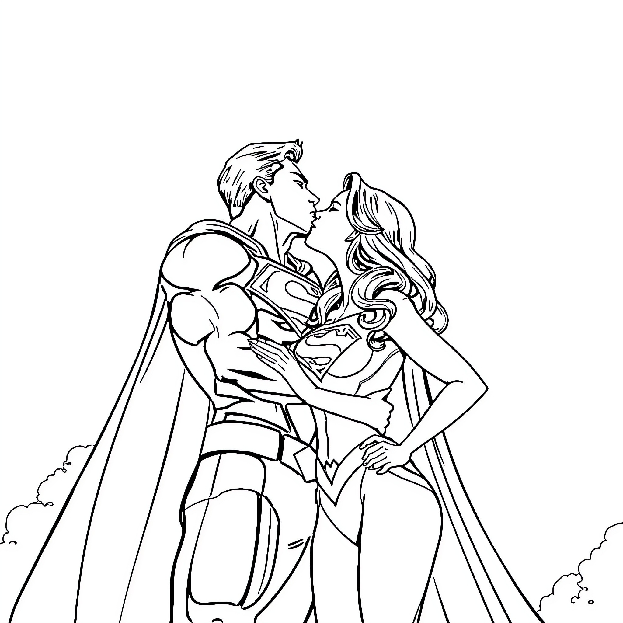 Superman embracing his love interest in the sky Coloring Page (free black-and-white line drawing printable PDF for all, from beginners to advanced learners, including children, teens, adults, and seniors)