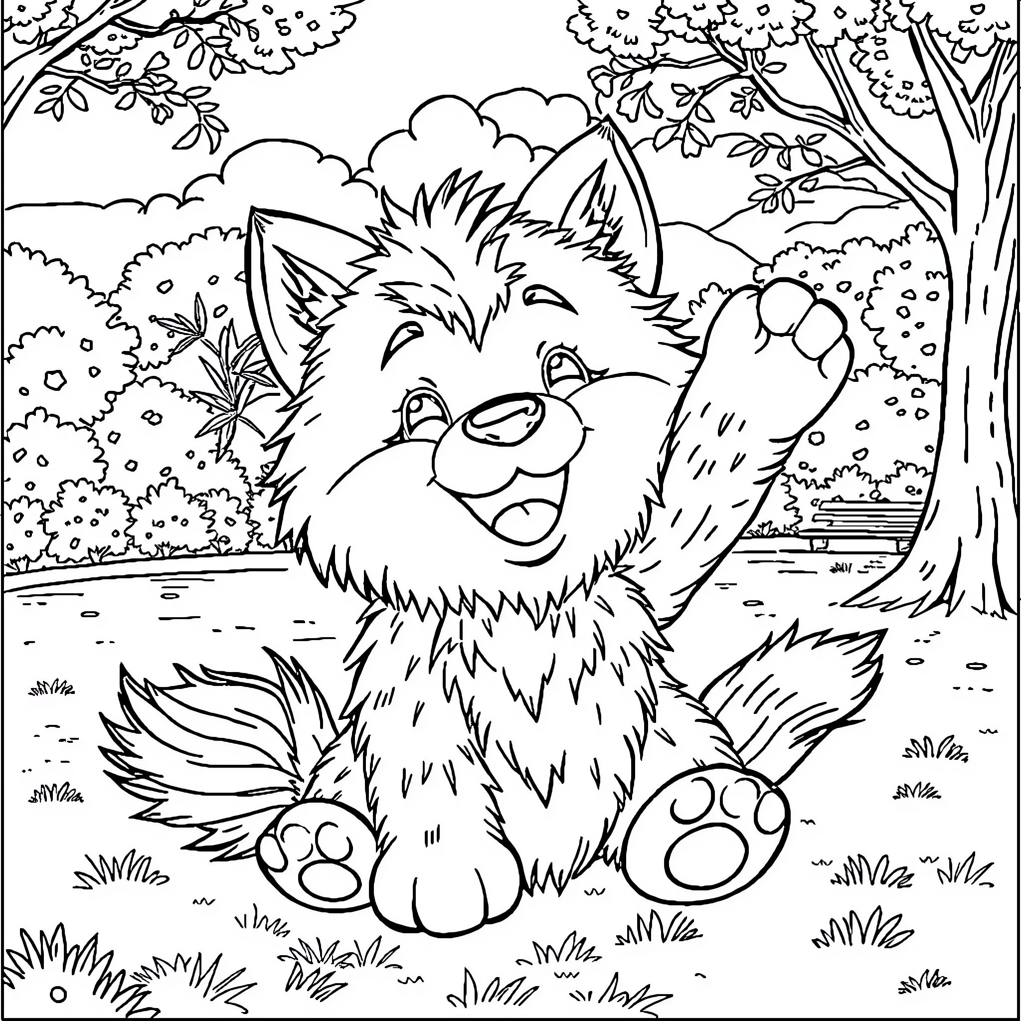 Wolf Enjoying Nature's Wonders Coloring Page (free black-and-white line drawing printable PDF for all, from beginners to advanced learners, including children, teens, adults, and seniors)
