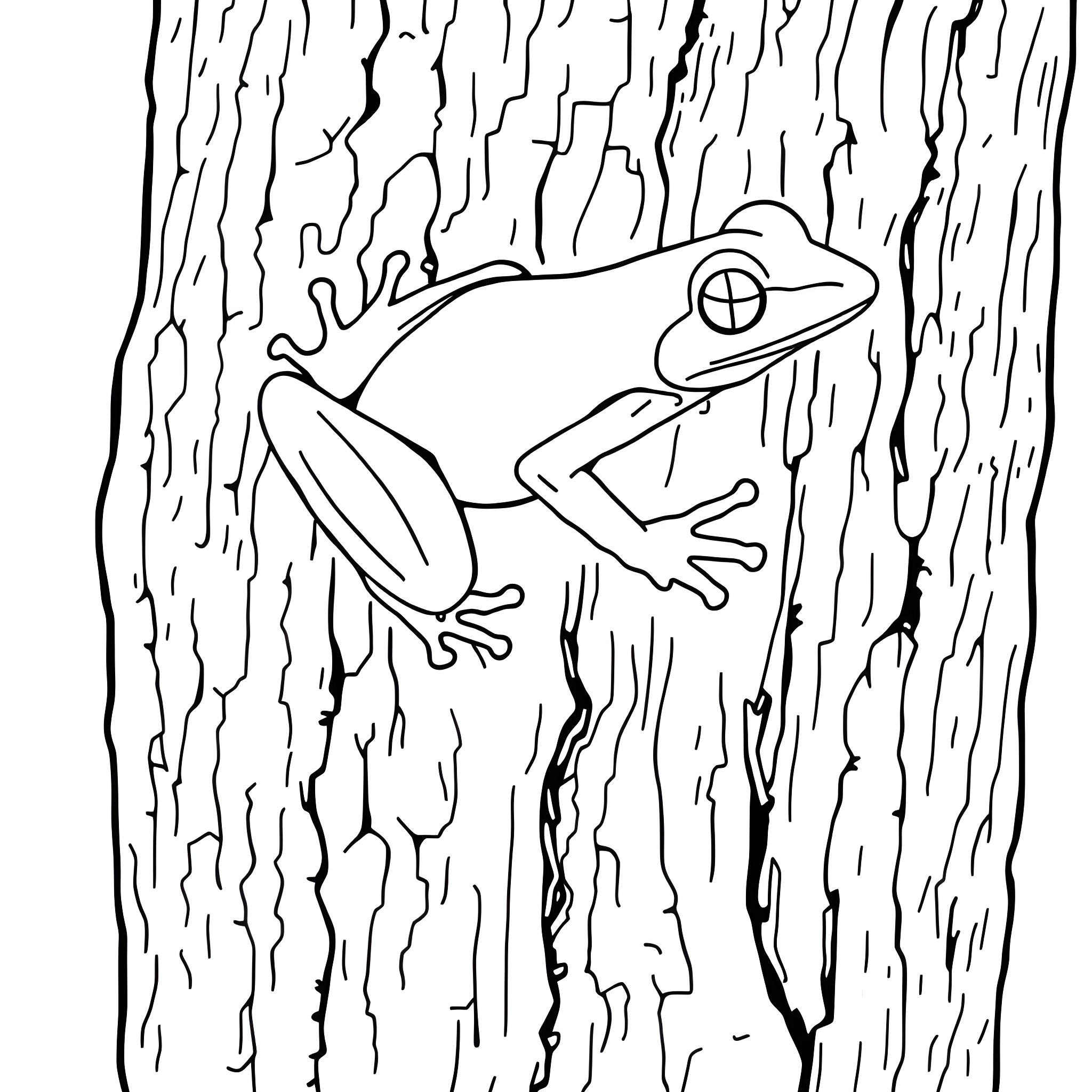 Golden Poison Frog clinging to a tree trunk Coloring Page (free black-and-white line drawing printable PDF for all, from beginners to advanced learners, including children, teens, adults, and seniors)