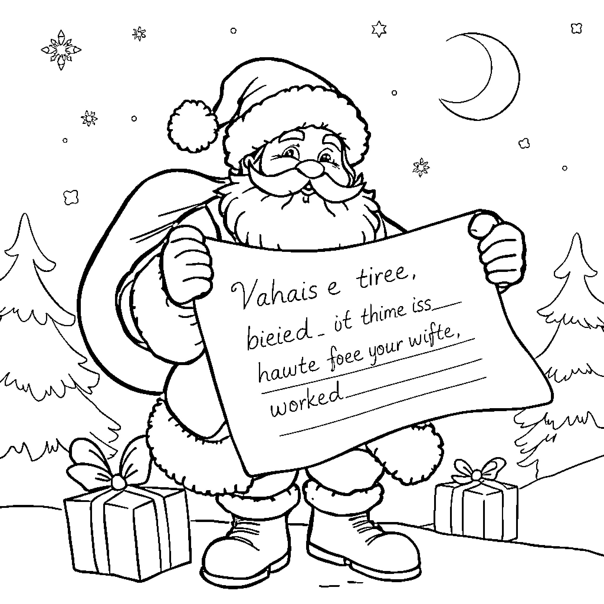 Father Christmas Joyfully Sharing Holiday Message Coloring Page (free black-and-white line drawing printable PDF for all, from beginners to advanced learners, including children, teens, adults, and seniors)