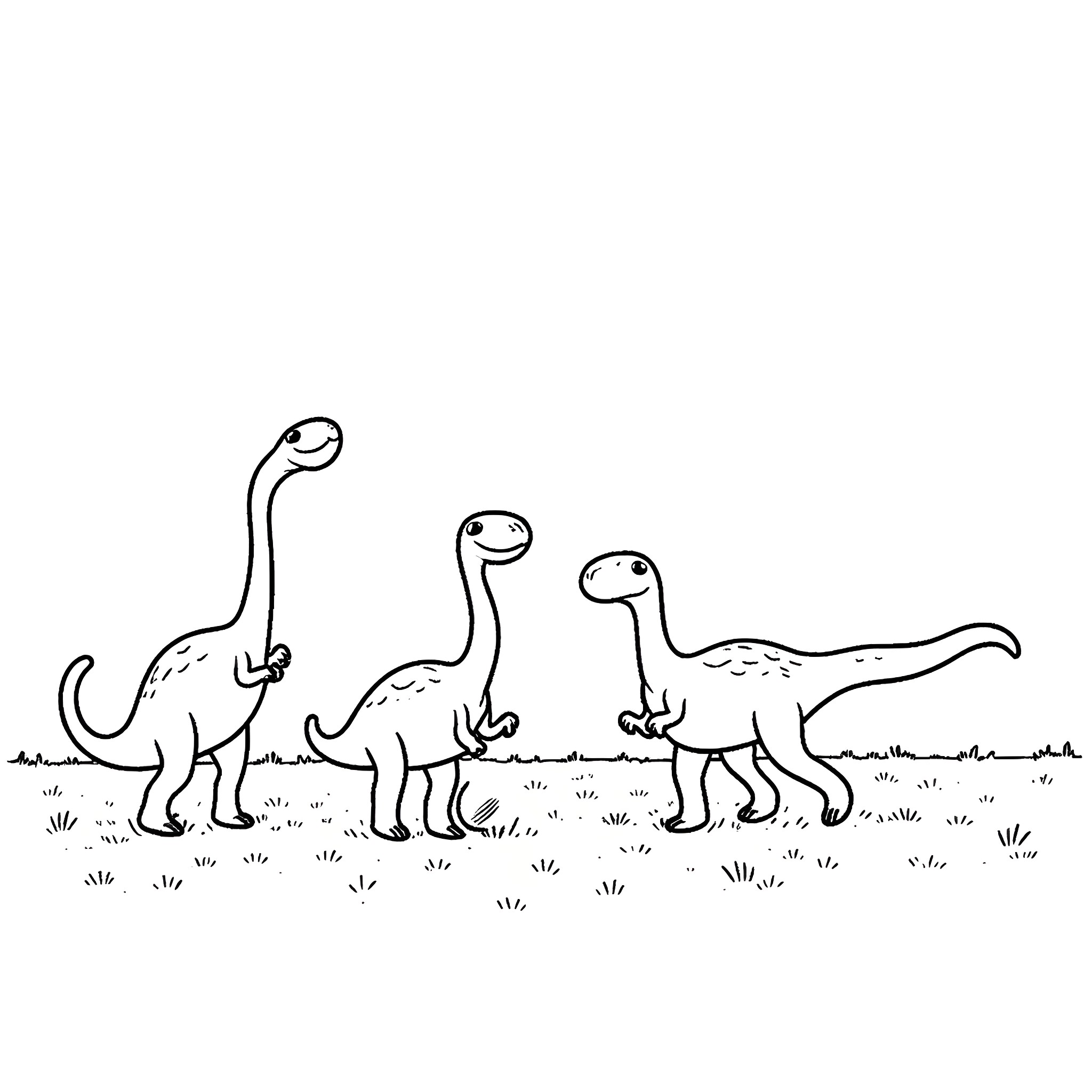Dinosaurs exploring the prehistoric landscape Coloring Page (free black-and-white line drawing printable PDF for all, from beginners to advanced learners, including children, teens, adults, and seniors)