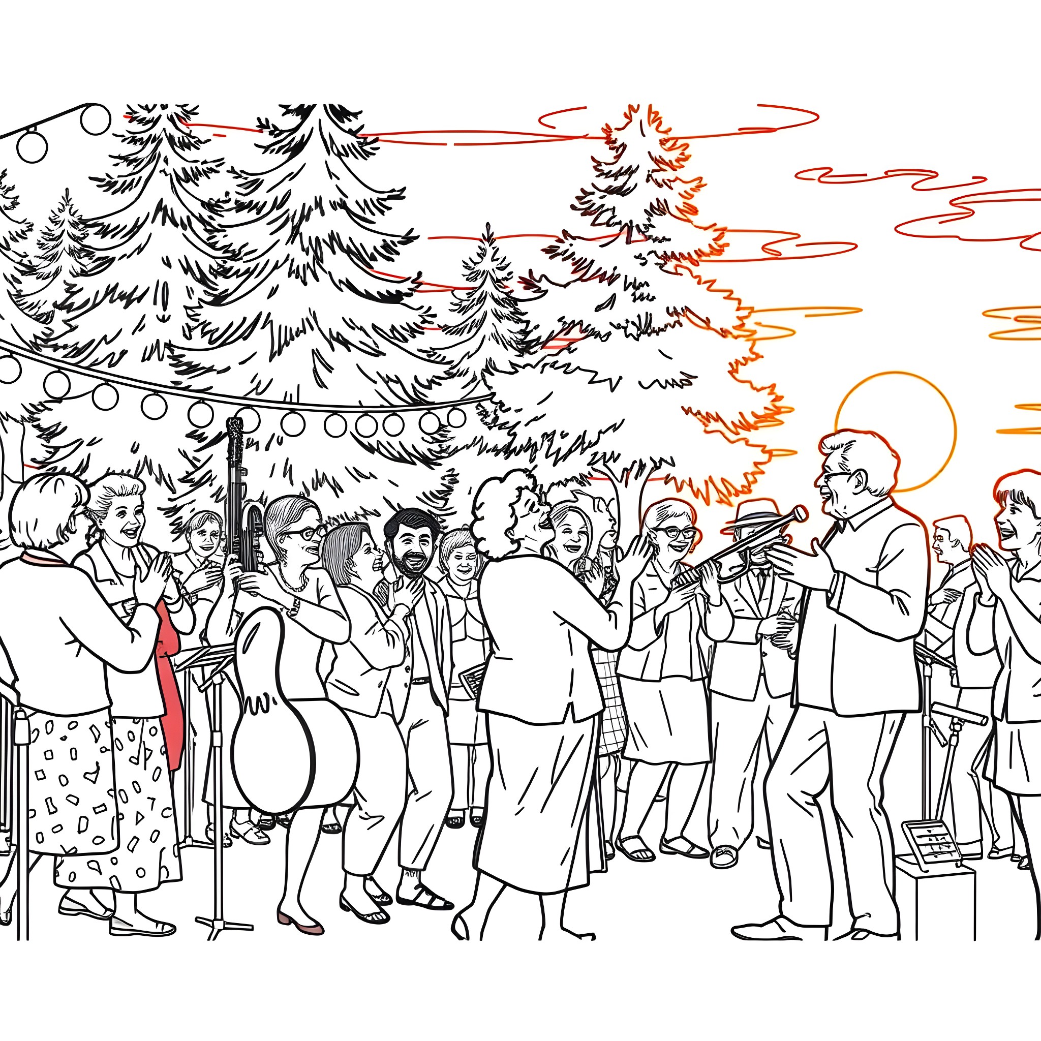 Senior Citizens Gathering in the Park Coloring Page (free black-and-white line drawing printable PDF for all, from beginners to advanced learners, including children, teens, adults, and seniors)