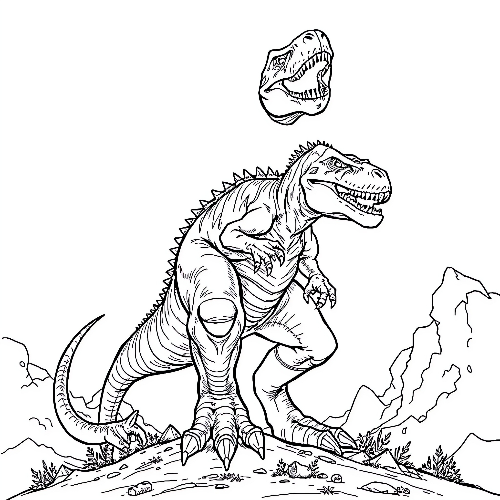 Distortus Rex: Fierce Dinosaur Roaming in Rugged Terrain Coloring Page (free black-and-white line drawing printable PDF for all, from beginners to advanced learners, including children, teens, adults, and seniors)