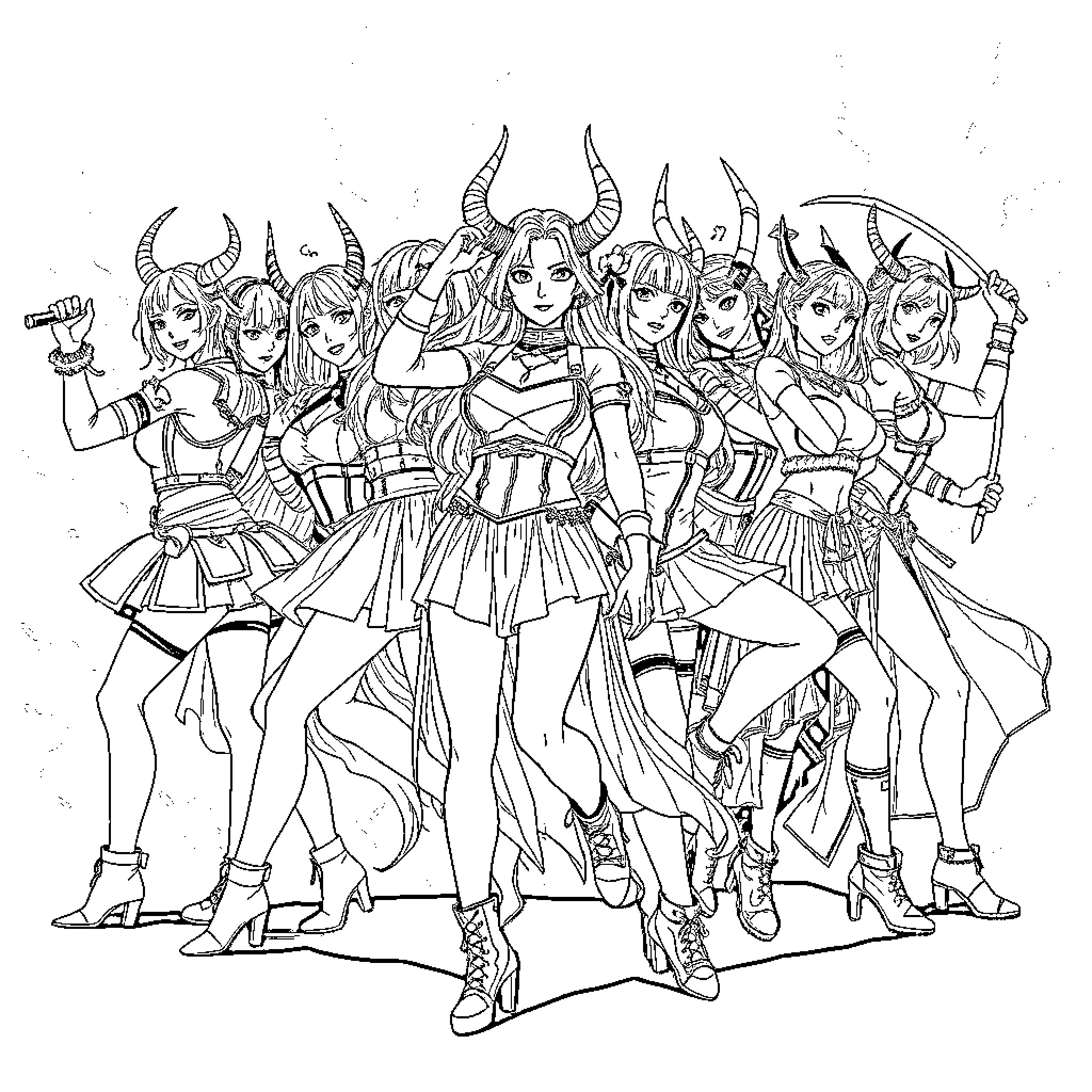 Demon Hunter Squad Striking Fierce Poses Coloring Page (free black-and-white line drawing printable PDF for all, from beginners to advanced learners, including children, teens, adults, and seniors)