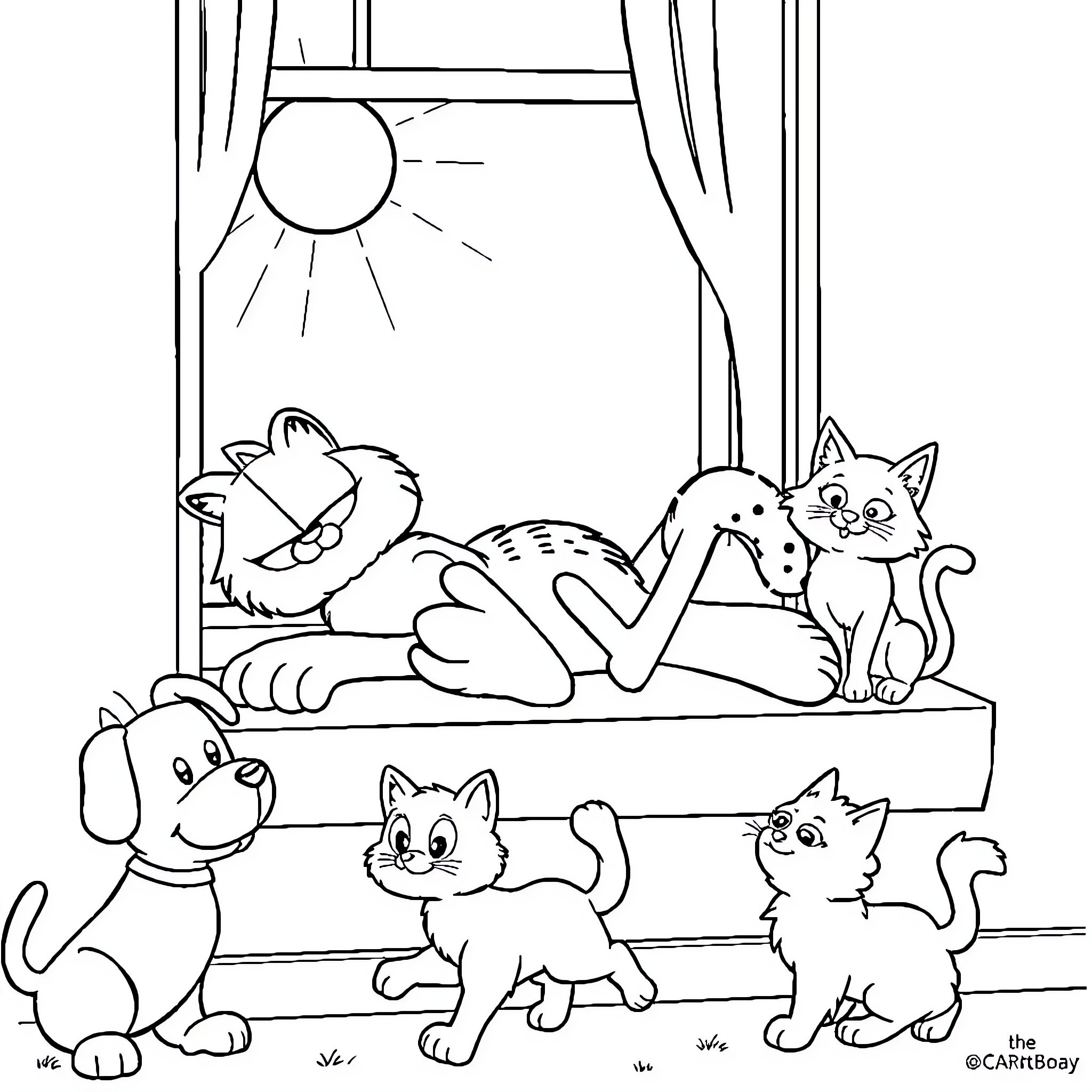 Garfield and friends lounging in the sunlight Coloring Page (free black-and-white line drawing printable PDF for all, from beginners to advanced learners, including children, teens, adults, and seniors)