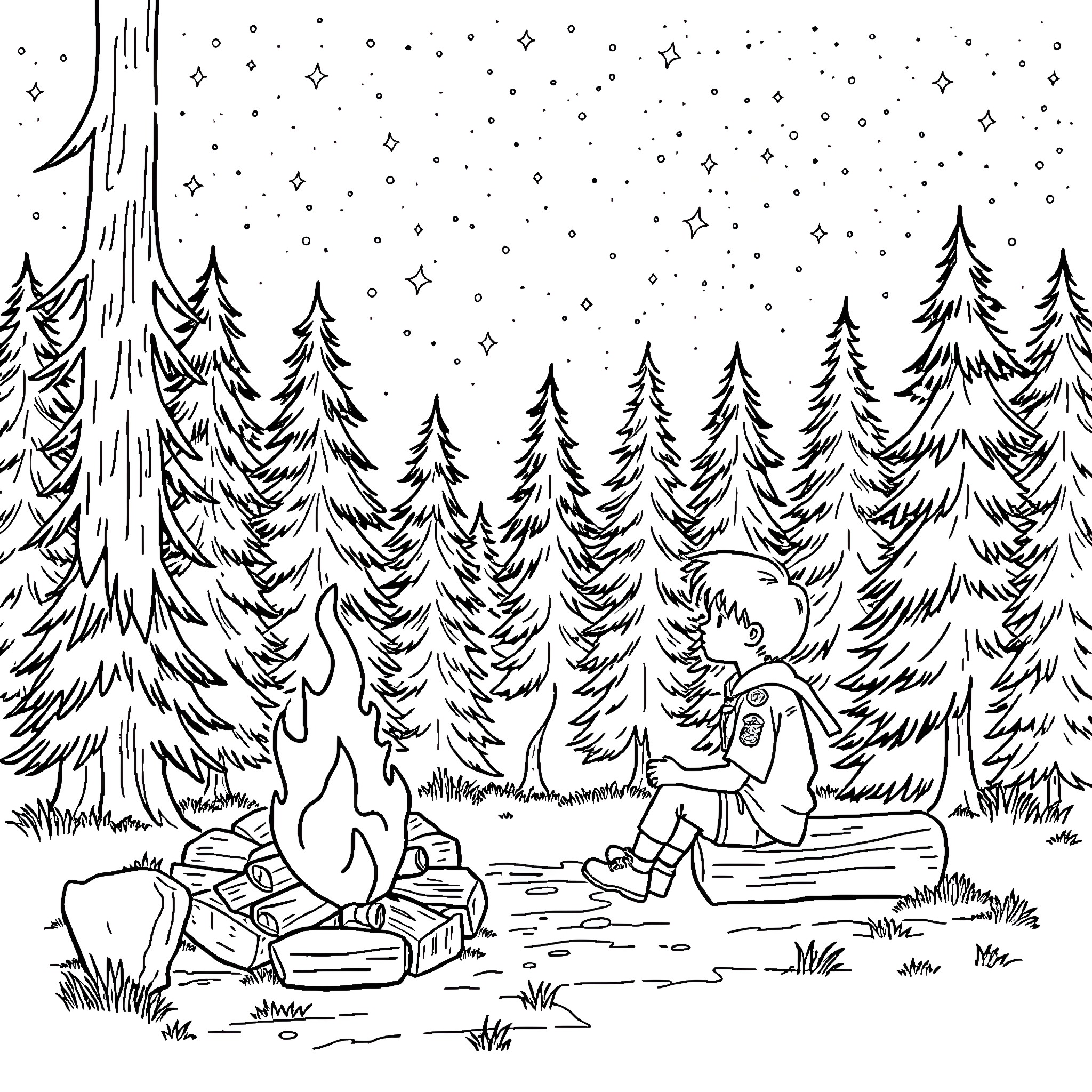 Cub Scout camping under the starry night sky Coloring Page (free black-and-white line drawing printable PDF for all, from beginners to advanced learners, including children, teens, adults, and seniors)