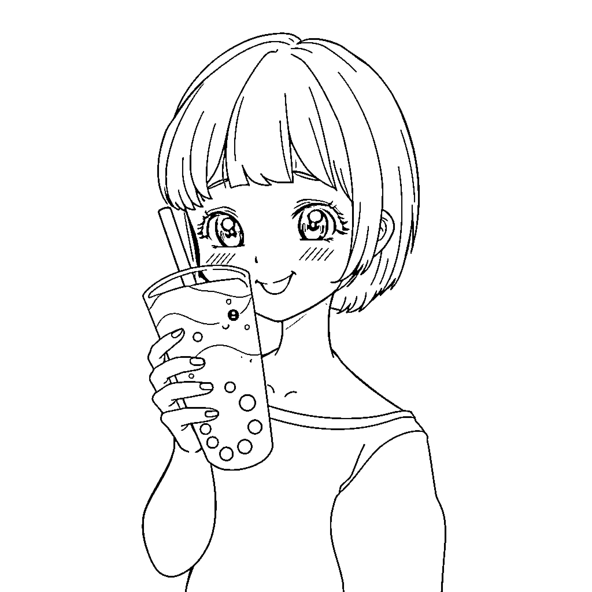 Girl enjoying a refreshing drink Coloring Page (free black-and-white line drawing printable PDF for all, from beginners to advanced learners, including children, teens, adults, and seniors)