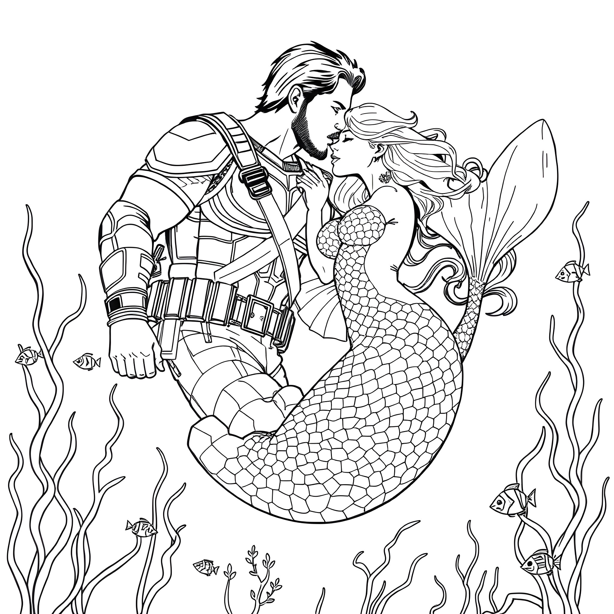 Bucky Barnes and the Mermaid in the Underwater World Coloring Page (free black-and-white line drawing printable PDF for all, from beginners to advanced learners, including children, teens, adults, and seniors)