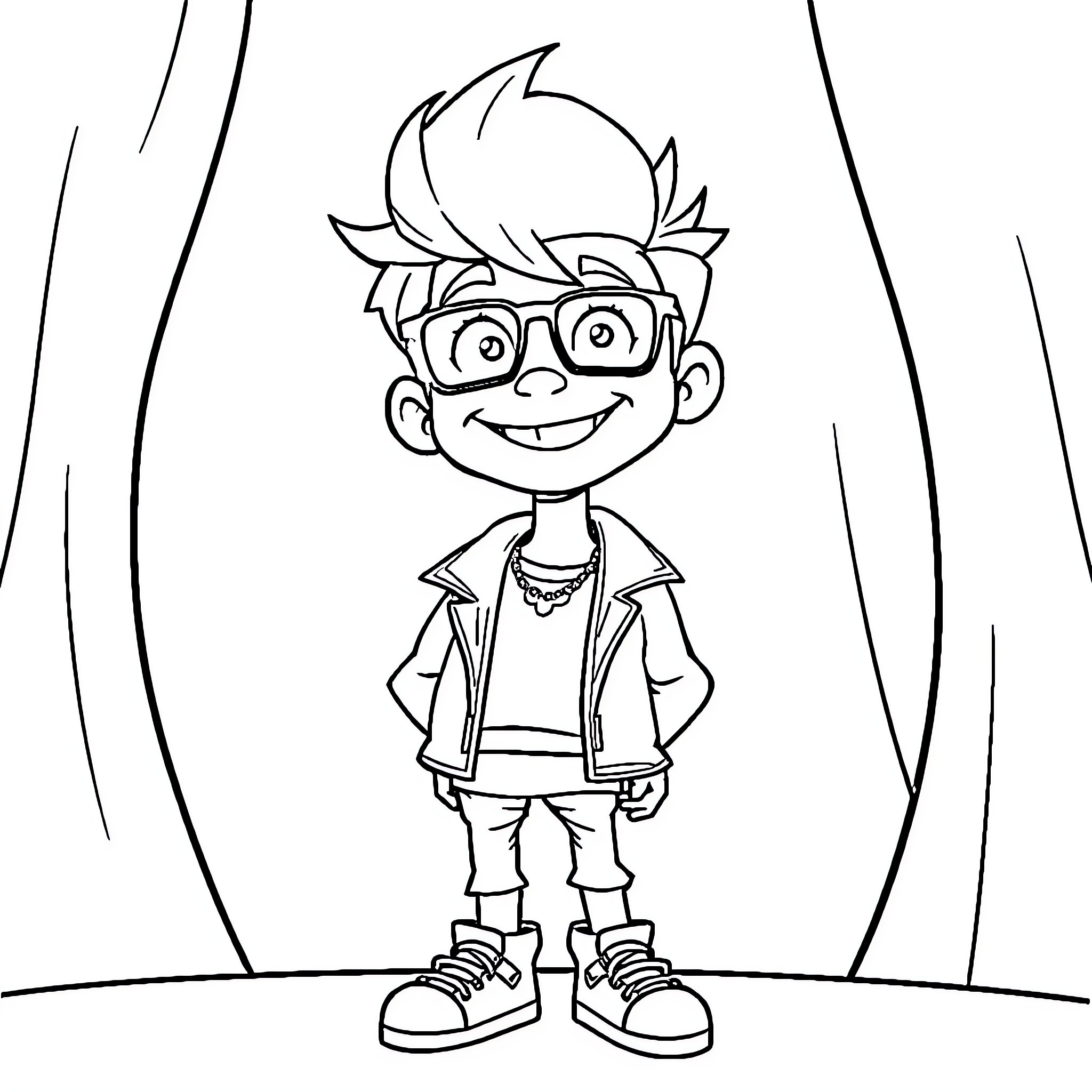 Felix the Cheerful Boy in Glasses Coloring Page (free black-and-white line drawing printable PDF for all, from beginners to advanced learners, including children, teens, adults, and seniors)