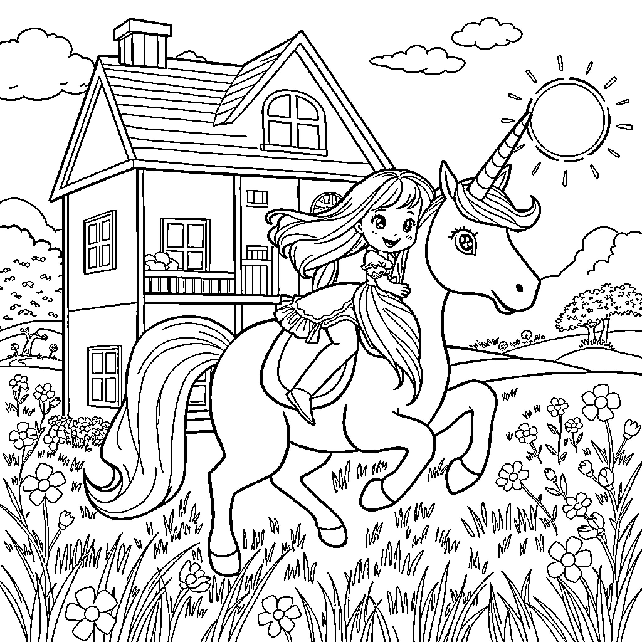 Gabby Dollhouse: Girl riding unicorn near charming house Coloring Page (free black-and-white line drawing printable PDF for all, from beginners to advanced learners, including children, teens, adults, and seniors)