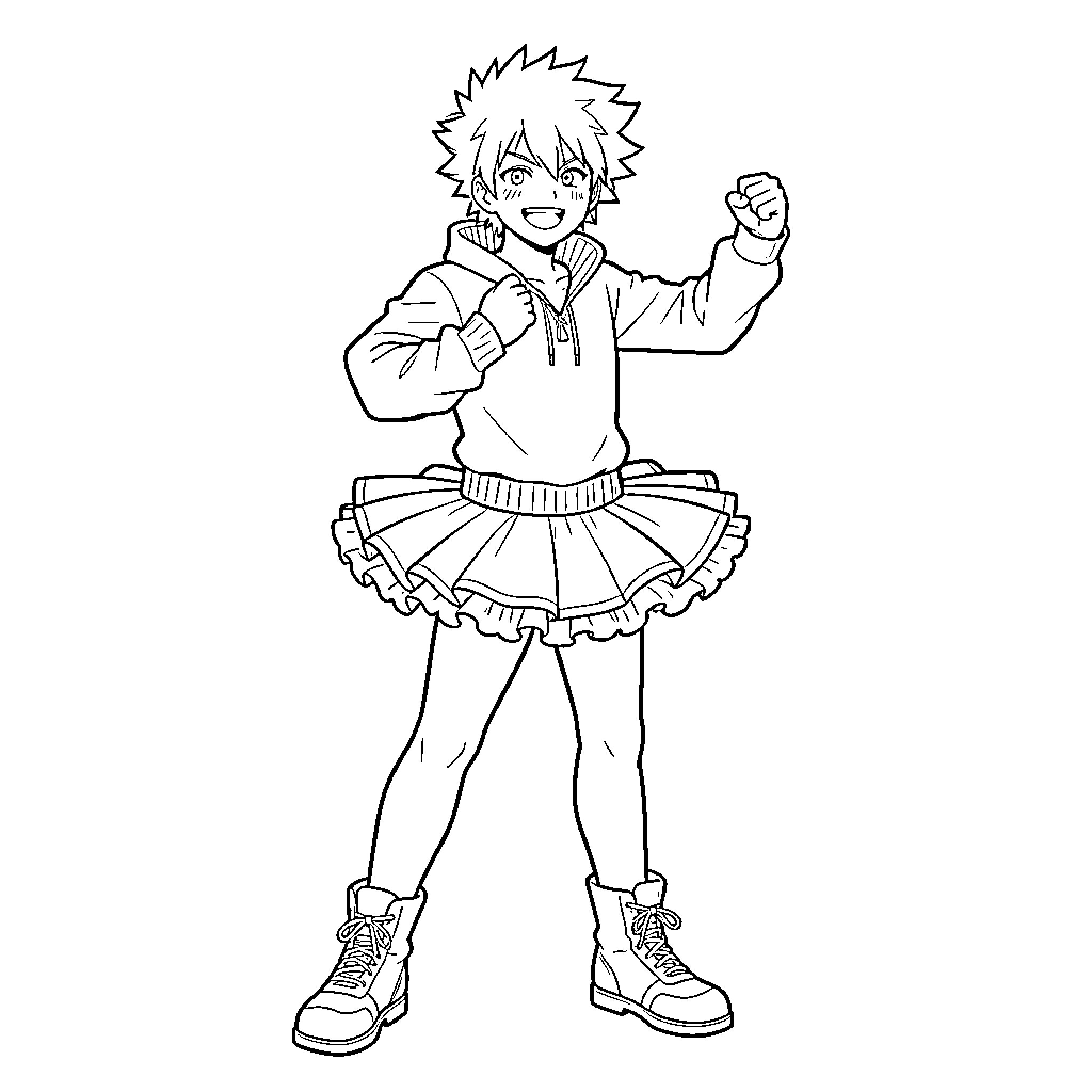 Gojo posing energetically in a hoodie and skirt Coloring Page (free black-and-white line drawing printable PDF for all, from beginners to advanced learners, including children, teens, adults, and seniors)