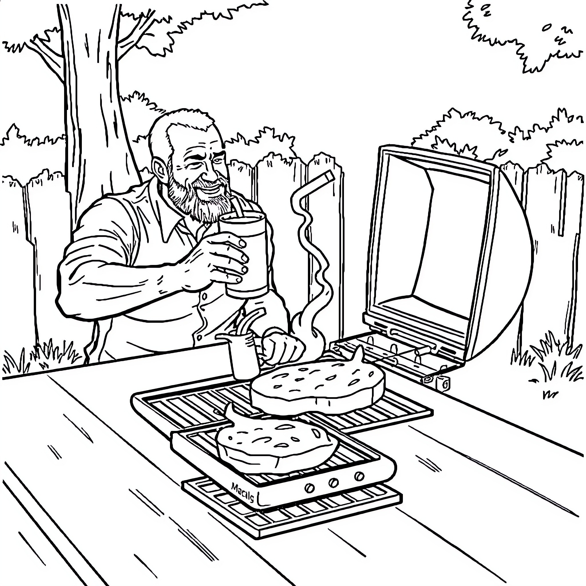 Steve Austin cooking delicious food outdoors with campfire Coloring Page (free black-and-white line drawing printable PDF for all, from beginners to advanced learners, including children, teens, adults, and seniors)
