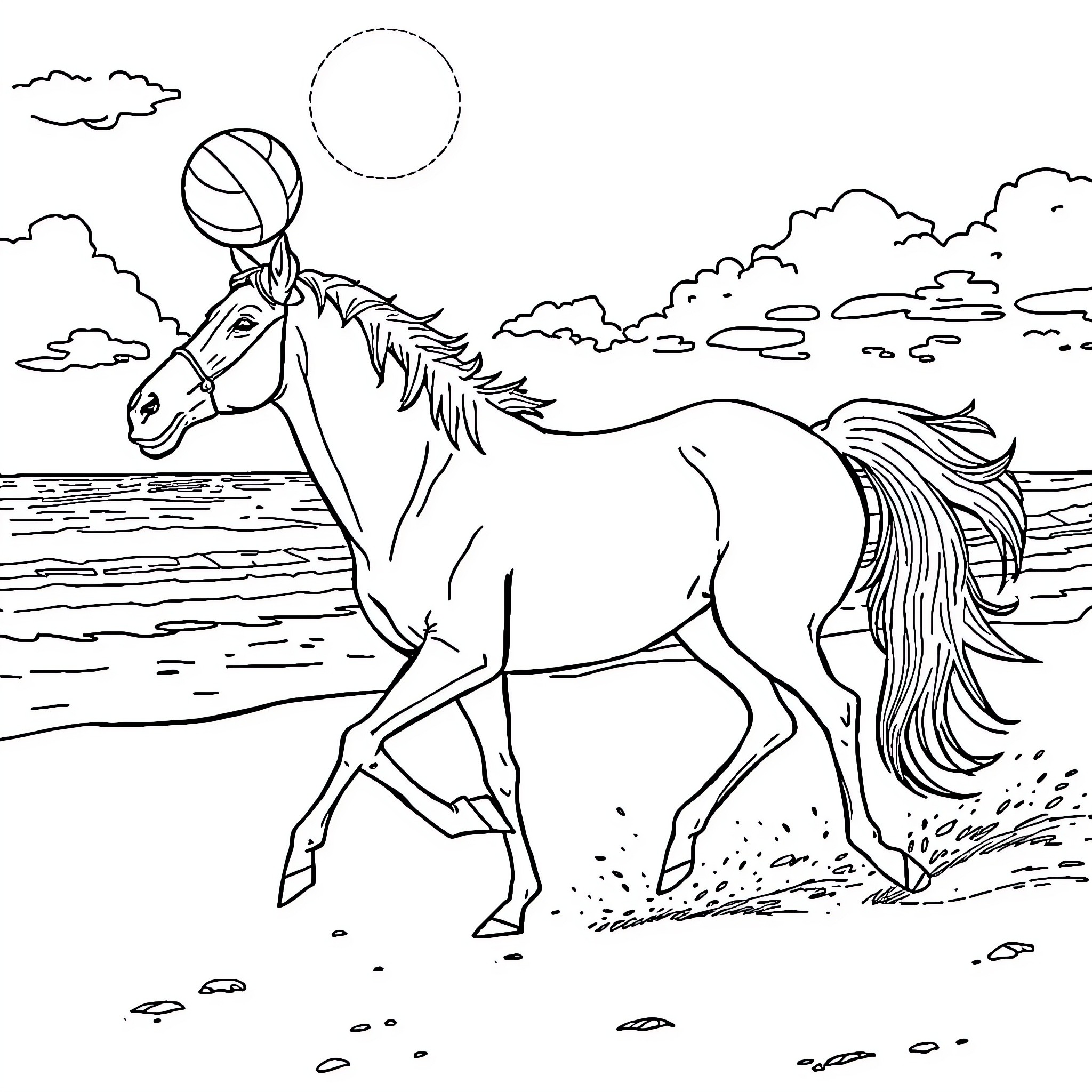 Horse galloping through an open field Coloring Page (free black-and-white line drawing printable PDF for all, from beginners to advanced learners, including children, teens, adults, and seniors)