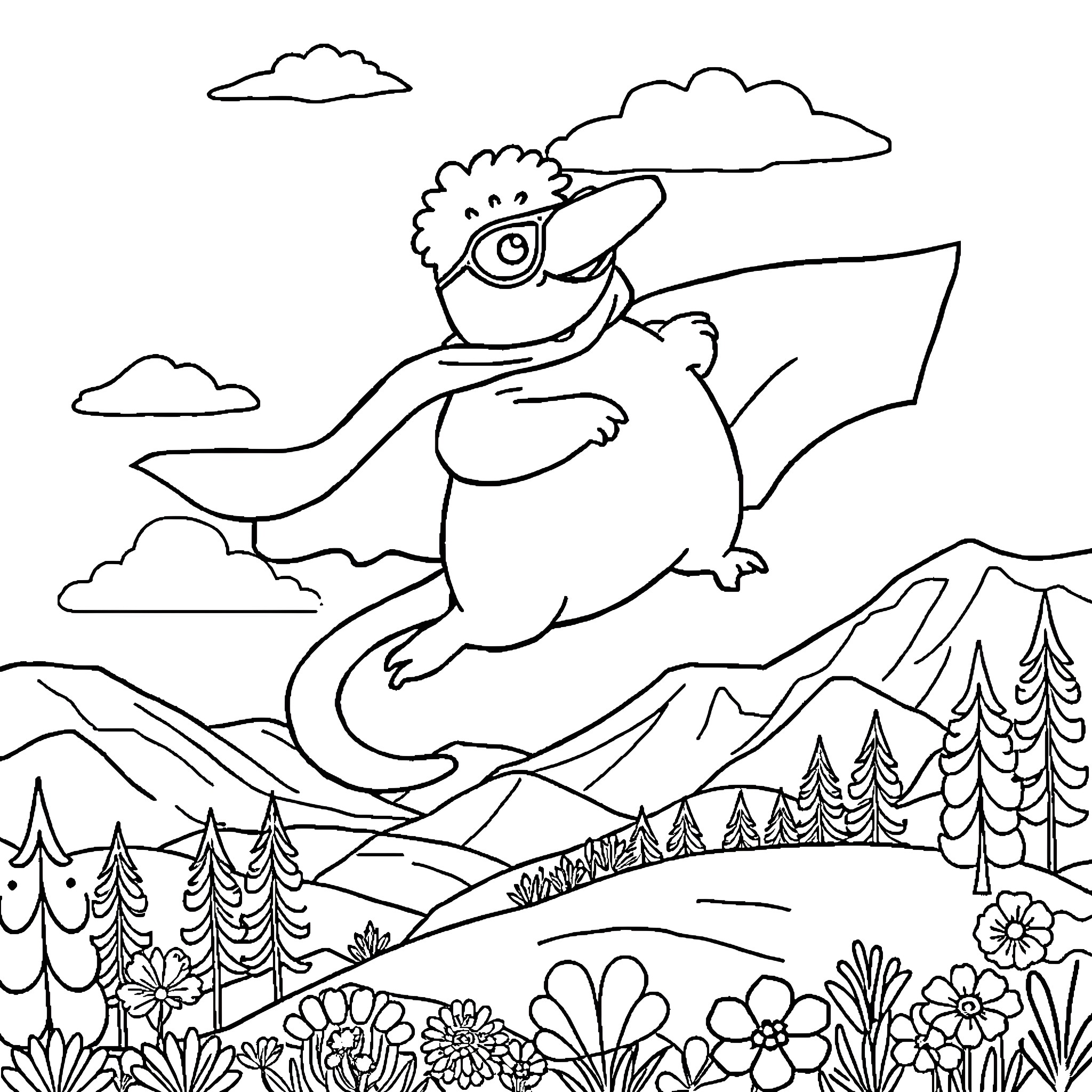 Platypus soaring through the mountains Coloring Page (free black-and-white line drawing printable PDF for all, from beginners to advanced learners, including children, teens, adults, and seniors)