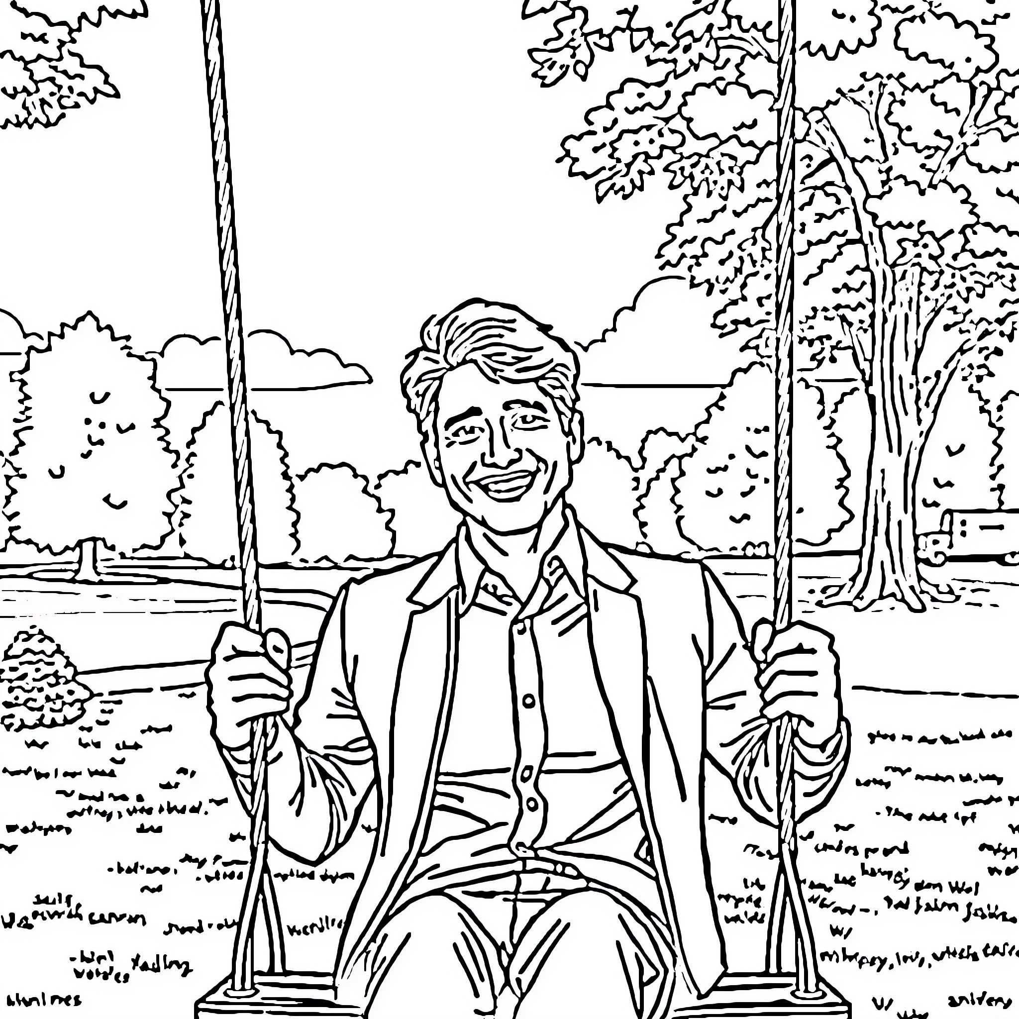 Justin Trudeau enjoying a peaceful moment on a park swing Coloring Page (free black-and-white line drawing printable PDF for all, from beginners to advanced learners, including children, teens, adults, and seniors)