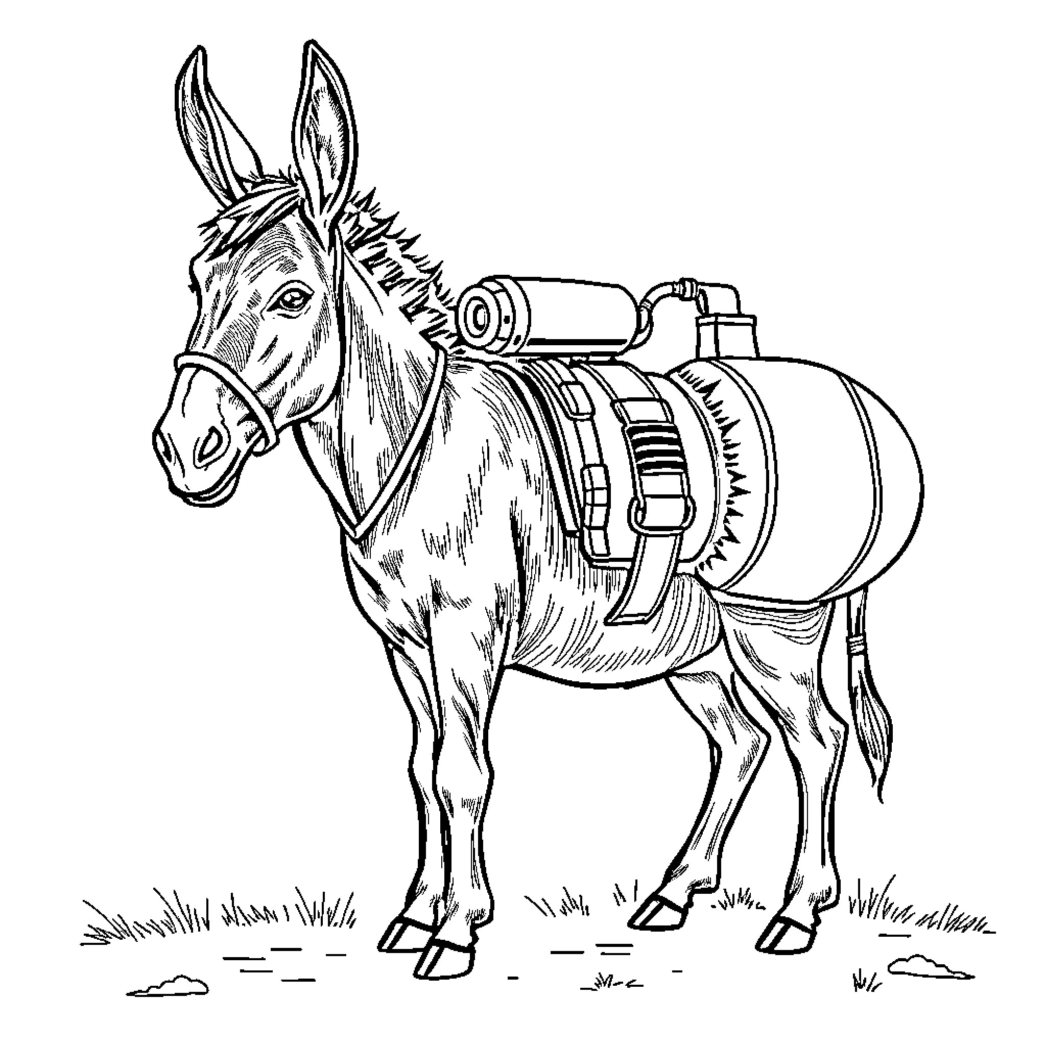 Donkey carrying heavy load through rugged terrain Coloring Page (free black-and-white line drawing printable PDF for all, from beginners to advanced learners, including children, teens, adults, and seniors)