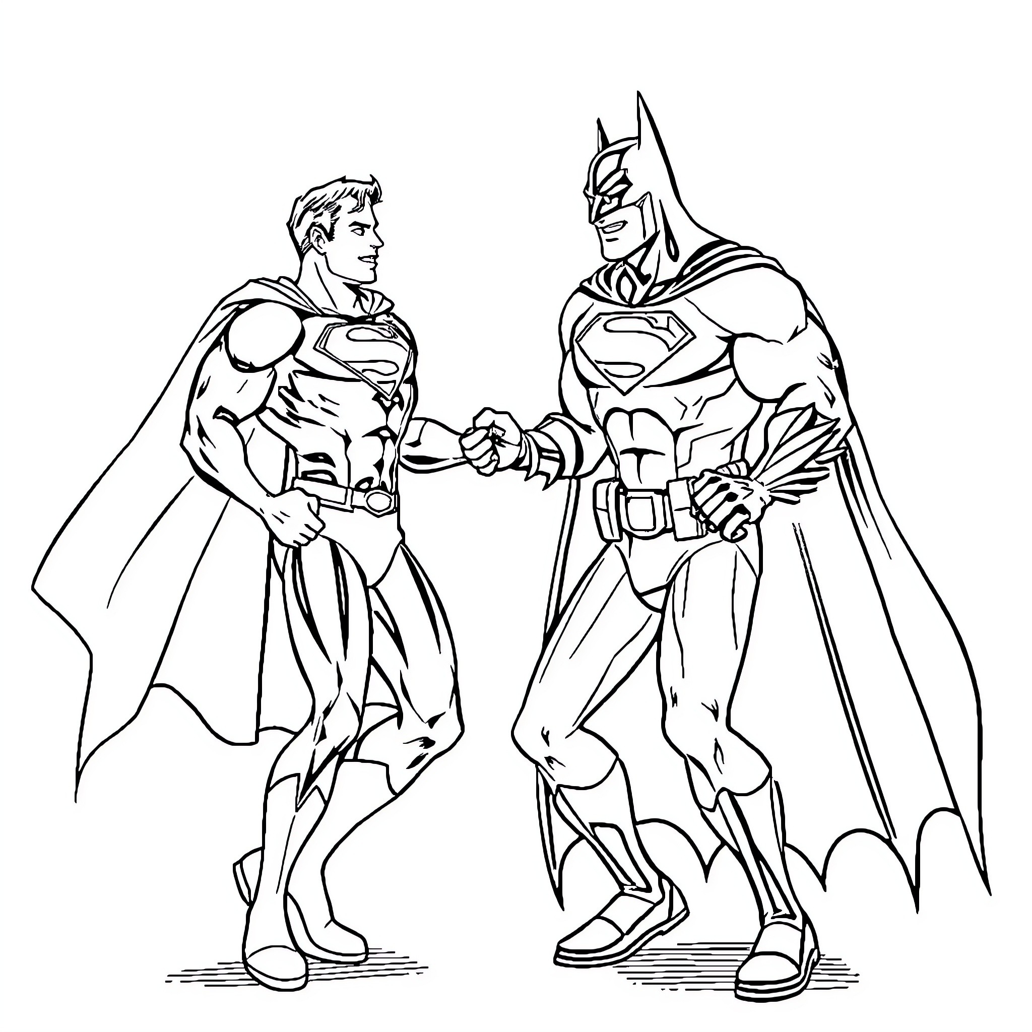 Superman and Batman in heroic poses Coloring Page (free black-and-white line drawing printable PDF for all, from beginners to advanced learners, including children, teens, adults, and seniors)