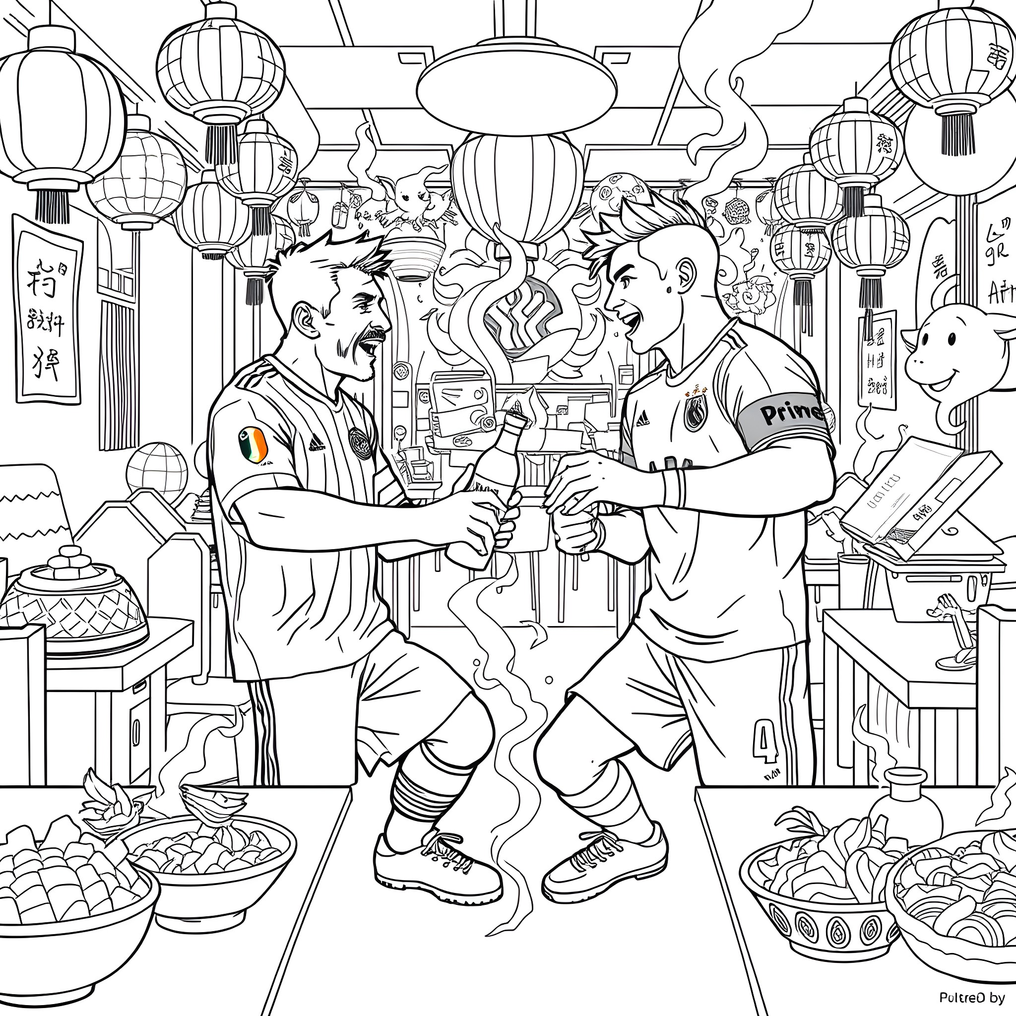 Lionel Messi celebrating with teammates in a Chinese market Coloring Page (free black-and-white line drawing printable PDF for all, from beginners to advanced learners, including children, teens, adults, and seniors)
