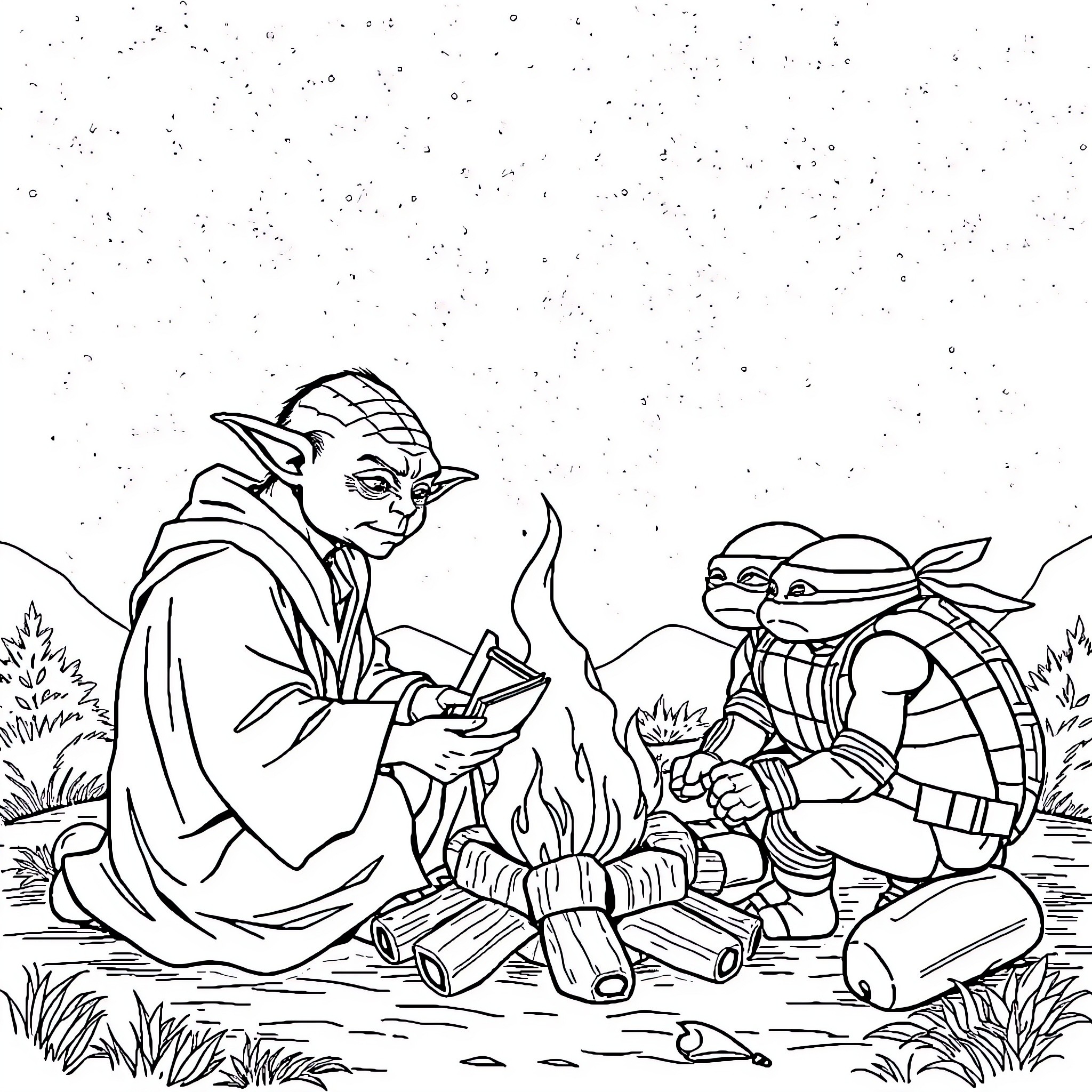 Yoda and Teenage Mutant Ninja Turtle by campfire Coloring Page (free black-and-white line drawing printable PDF for all, from beginners to advanced learners, including children, teens, adults, and seniors)