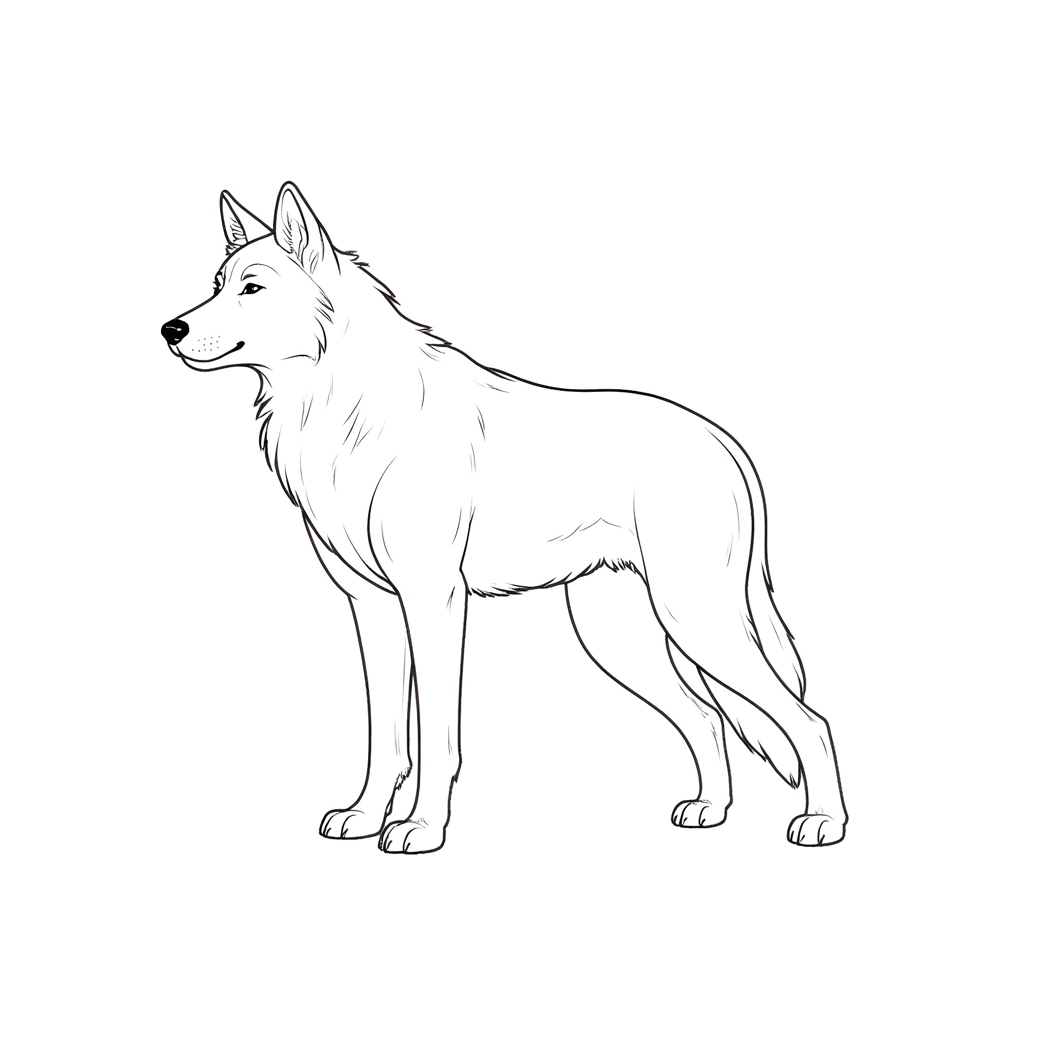 Wolf standing alert in the wilderness Coloring Page (free black-and-white line drawing printable PDF for all, from beginners to advanced learners, including children, teens, adults, and seniors)
