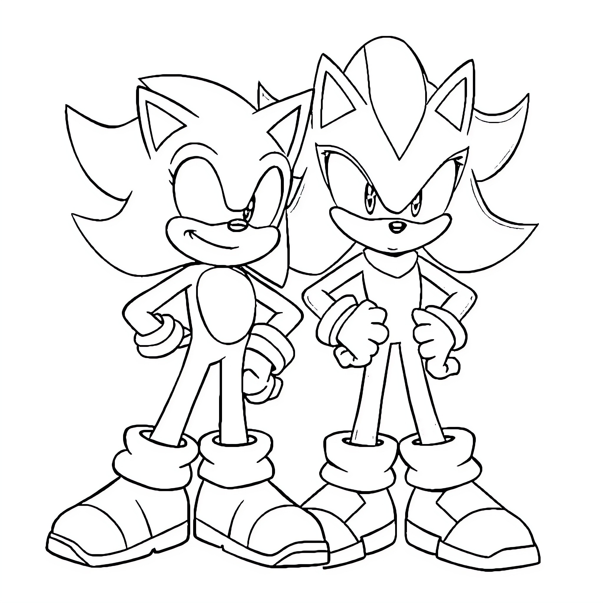 Sonic and friend in adventurous poses Coloring Page (free black-and-white line drawing printable PDF for all, from beginners to advanced learners, including children, teens, adults, and seniors)
