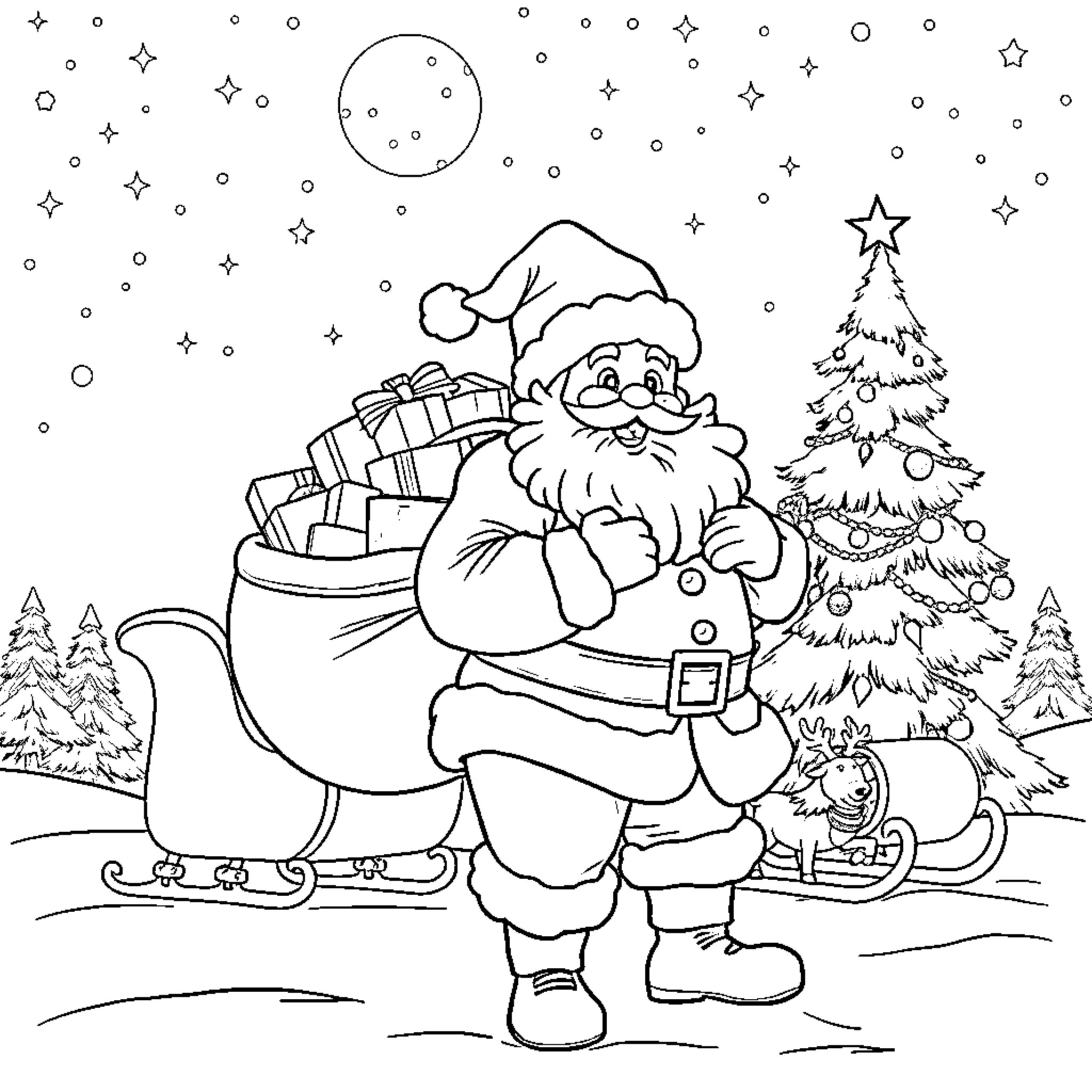 Santa Claus Delivering Gifts in Winter Wonderland Coloring Page (free black-and-white line drawing printable PDF for all, from beginners to advanced learners, including children, teens, adults, and seniors)
