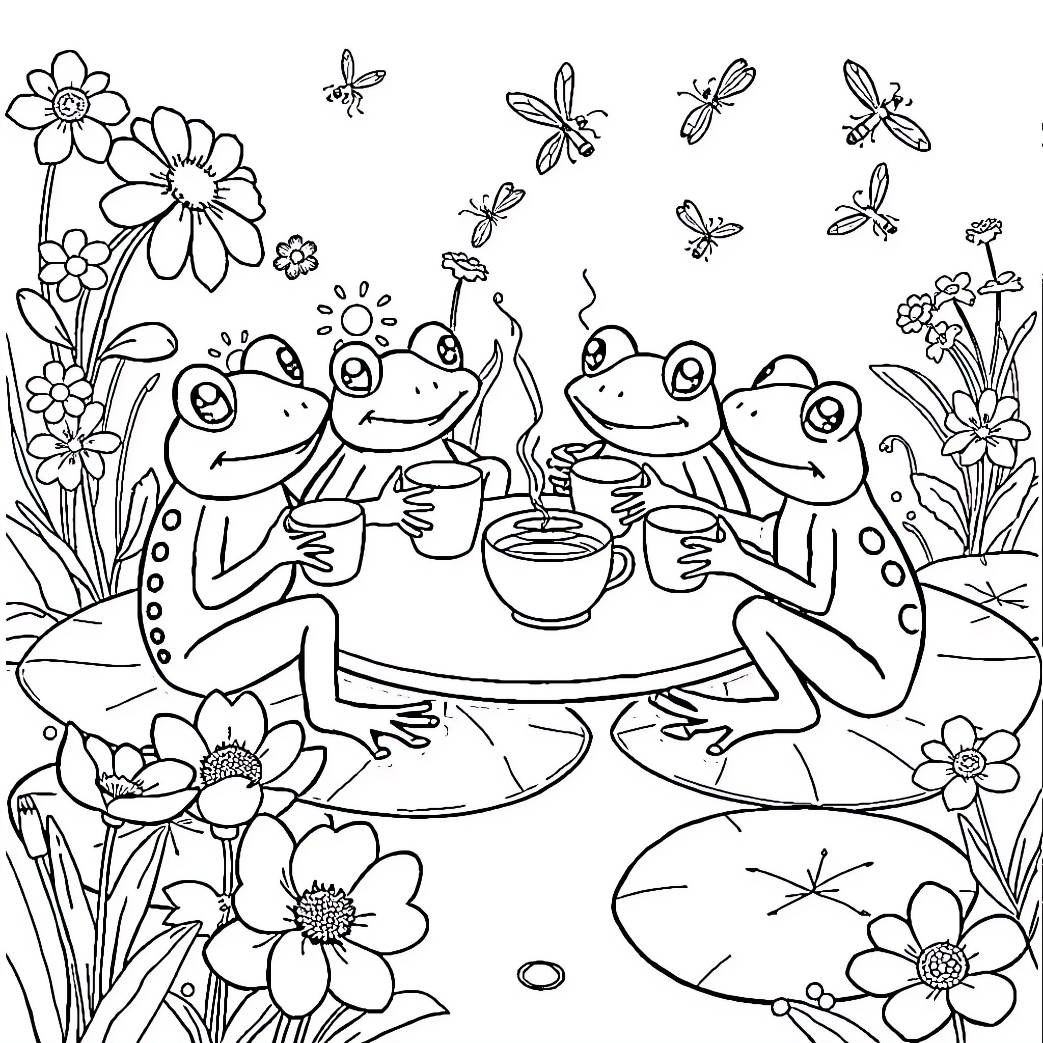 Frog family enjoying tea party in the garden Coloring Page (free black-and-white line drawing printable PDF for all, from beginners to advanced learners, including children, teens, adults, and seniors)