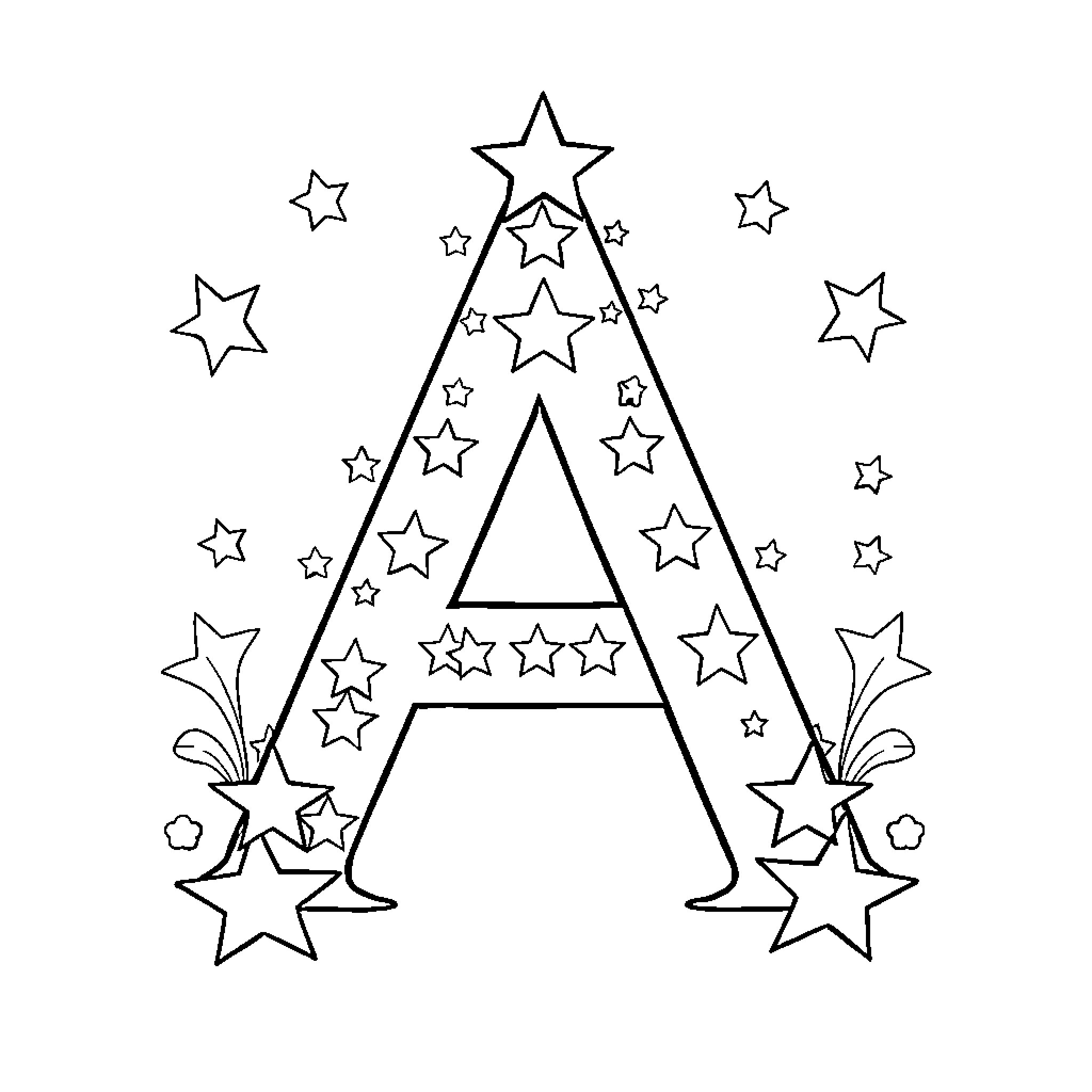 Letter A Decorated with Whimsical Stars Coloring Page (free black-and-white line drawing printable PDF for all, from beginners to advanced learners, including children, teens, adults, and seniors)