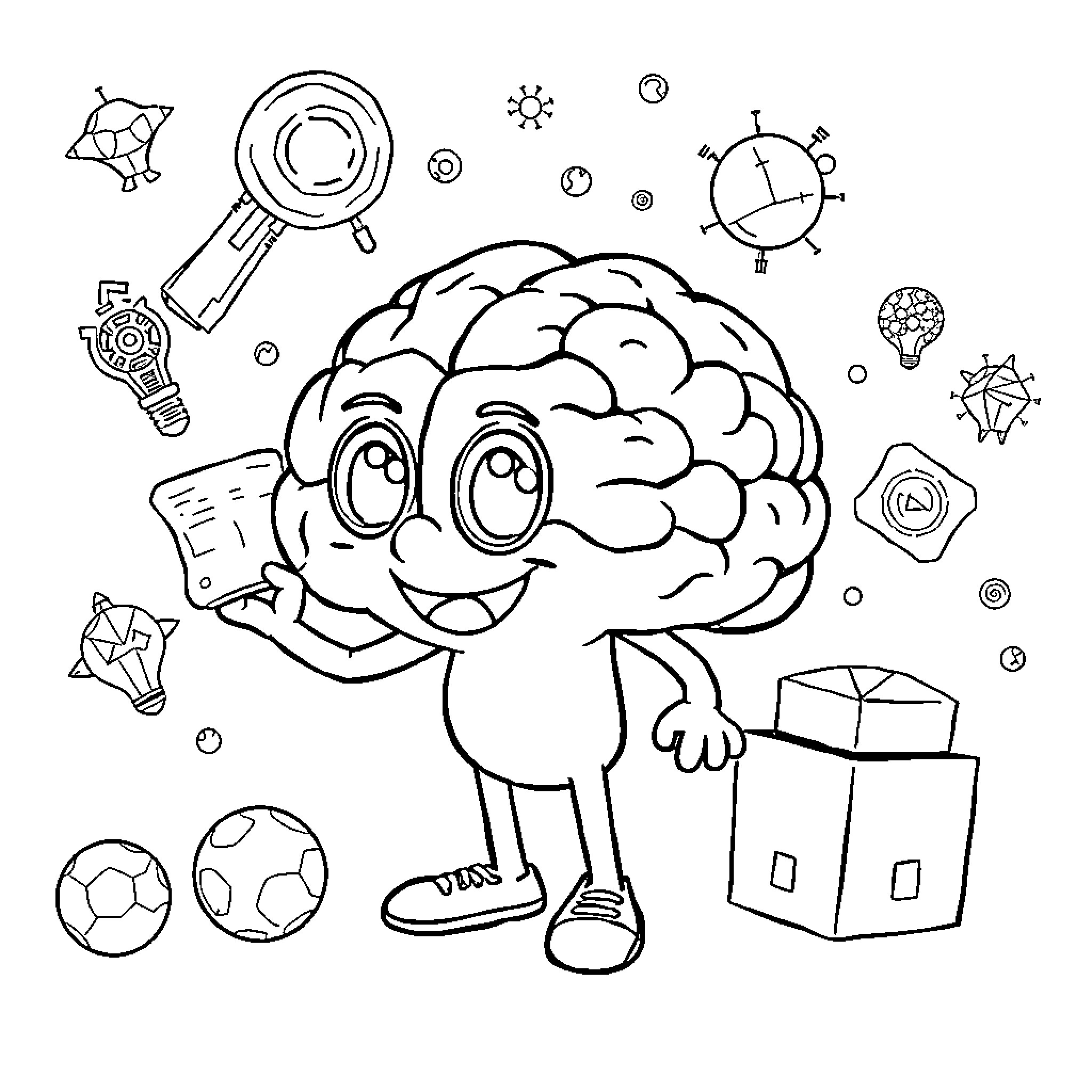 Brainrob's Playful Exploration Coloring Page (free black-and-white line drawing printable PDF for all, from beginners to advanced learners, including children, teens, adults, and seniors)