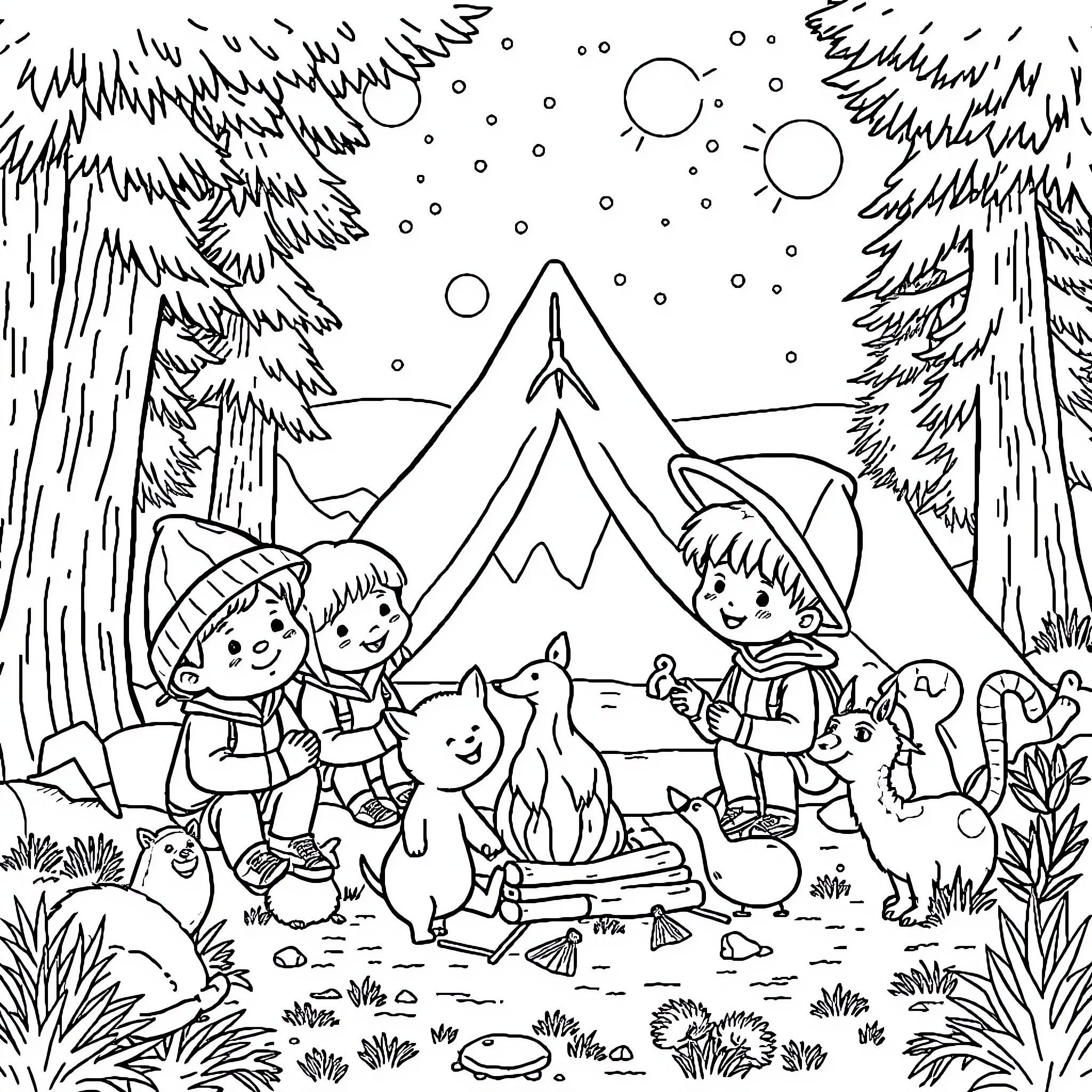 Kids camping in the snowy mountains Coloring Page (free black-and-white line drawing printable PDF for all, from beginners to advanced learners, including children, teens, adults, and seniors)