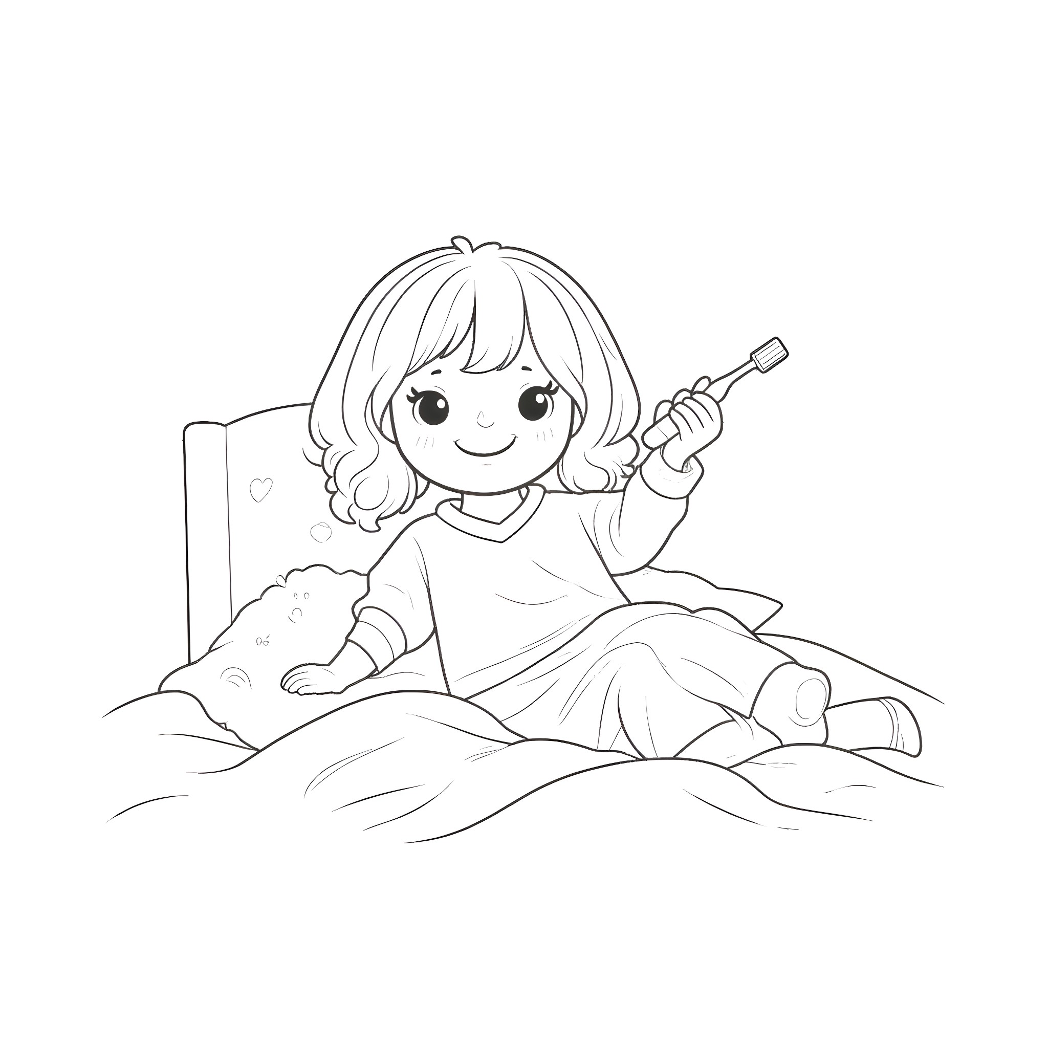 Girl playing with a smartphone in bed Coloring Page (free black-and-white line drawing printable PDF for all, from beginners to advanced learners, including children, teens, adults, and seniors)