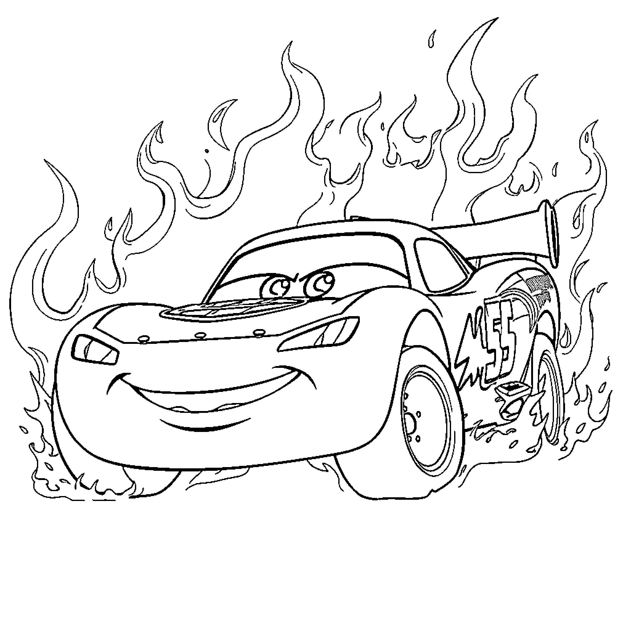 McQueen's Fiery Racetrack Adventure Coloring Page (free black-and-white line drawing printable PDF for all, from beginners to advanced learners, including children, teens, adults, and seniors)