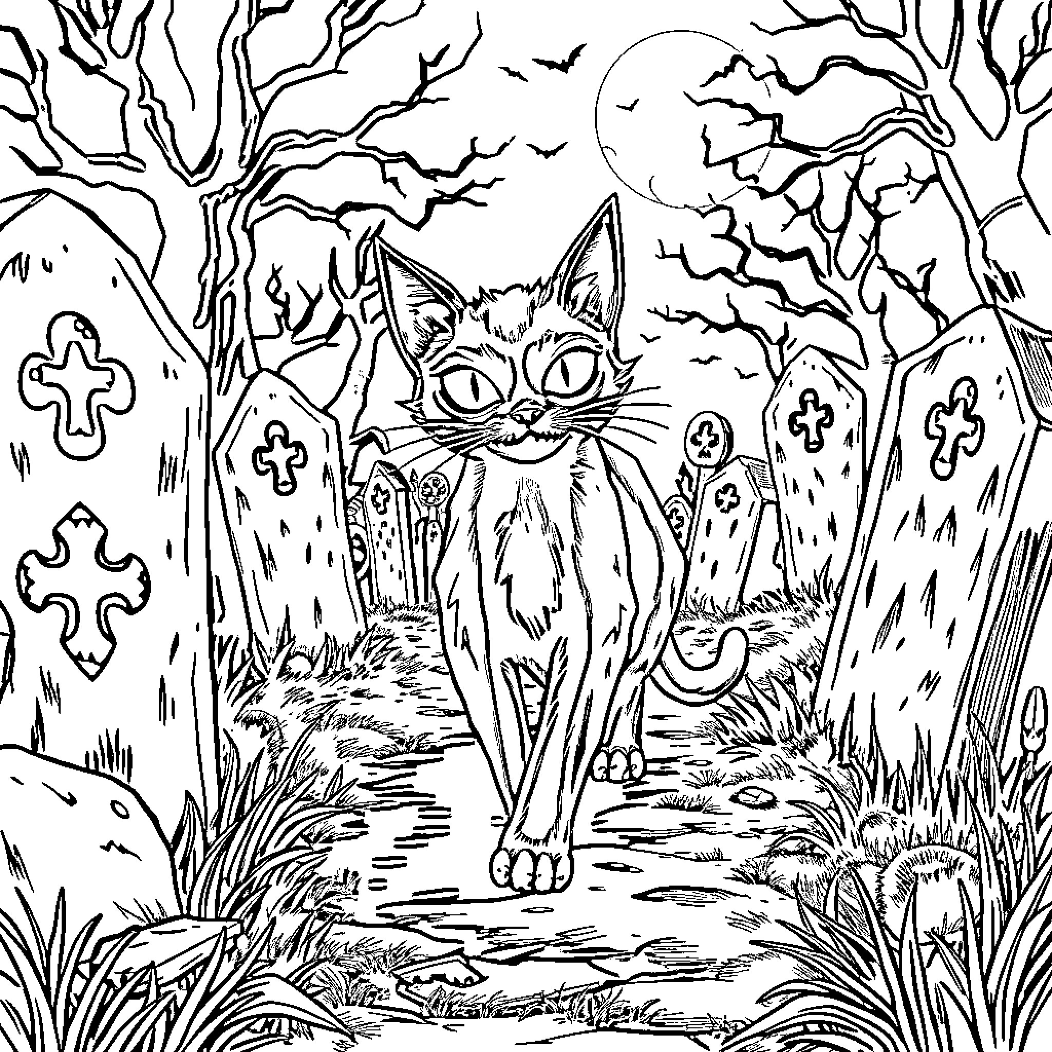 Cat in a creepy graveyard at night Coloring Page (free black-and-white line drawing printable PDF for all, from beginners to advanced learners, including children, teens, adults, and seniors)