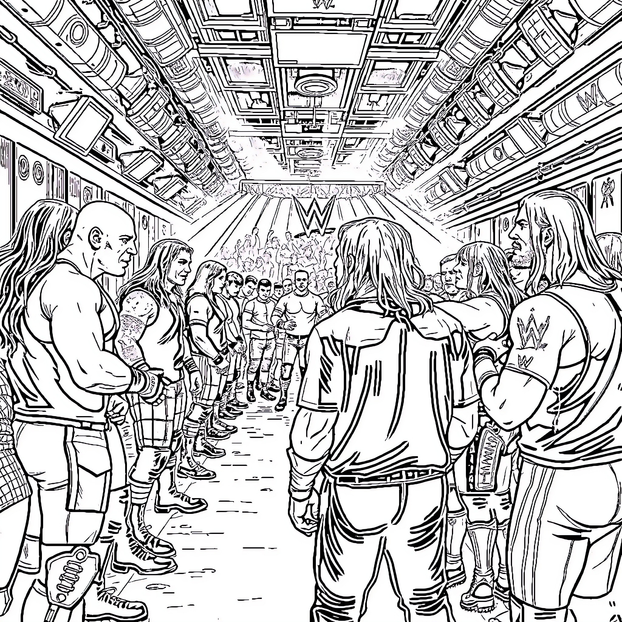 WWE Wrestlers Gathered for Battle in the Arena Coloring Page (free black-and-white line drawing printable PDF for all, from beginners to advanced learners, including children, teens, adults, and seniors)