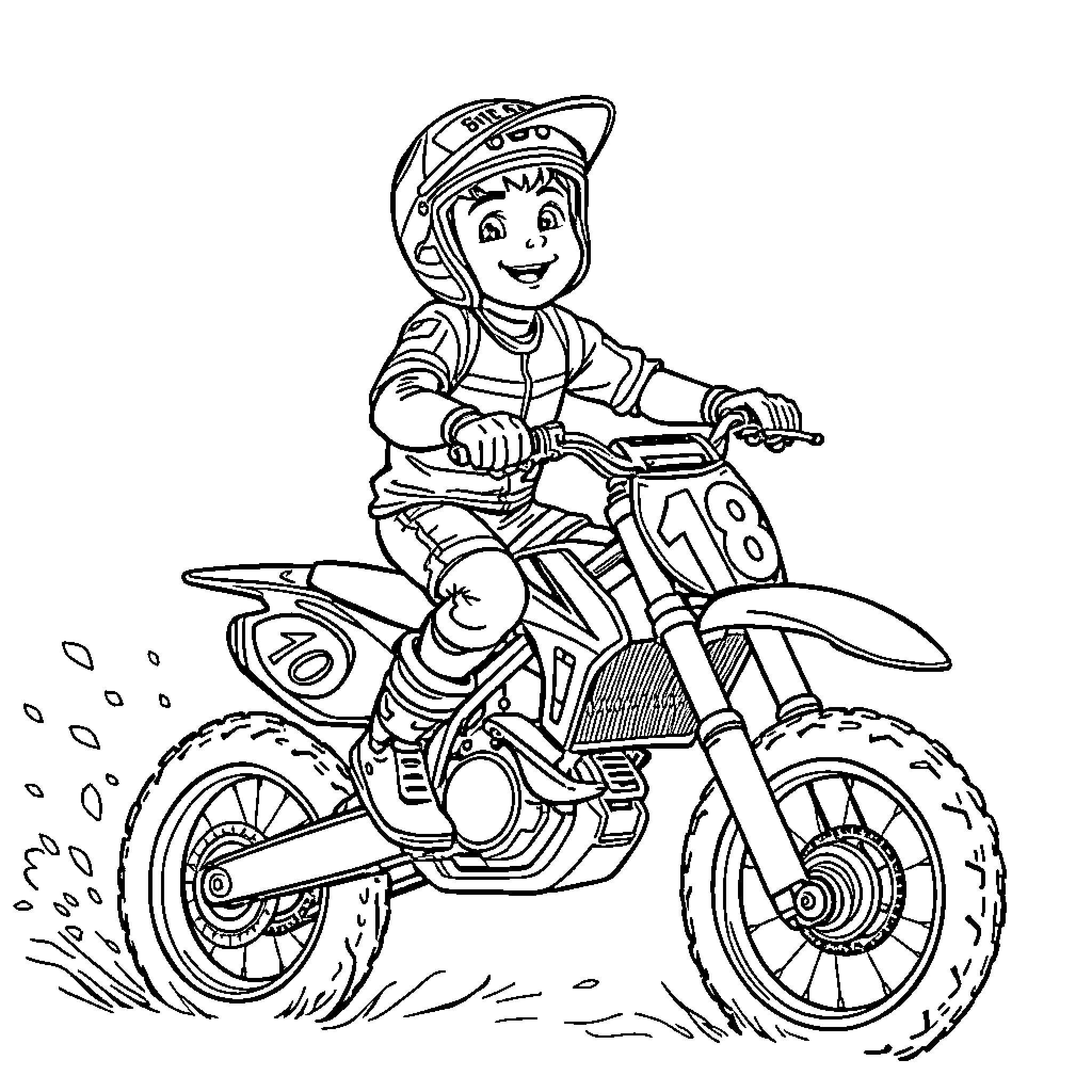 Niño riding motocross bike with excitement Coloring Page (free black-and-white line drawing printable PDF for all, from beginners to advanced learners, including children, teens, adults, and seniors)
