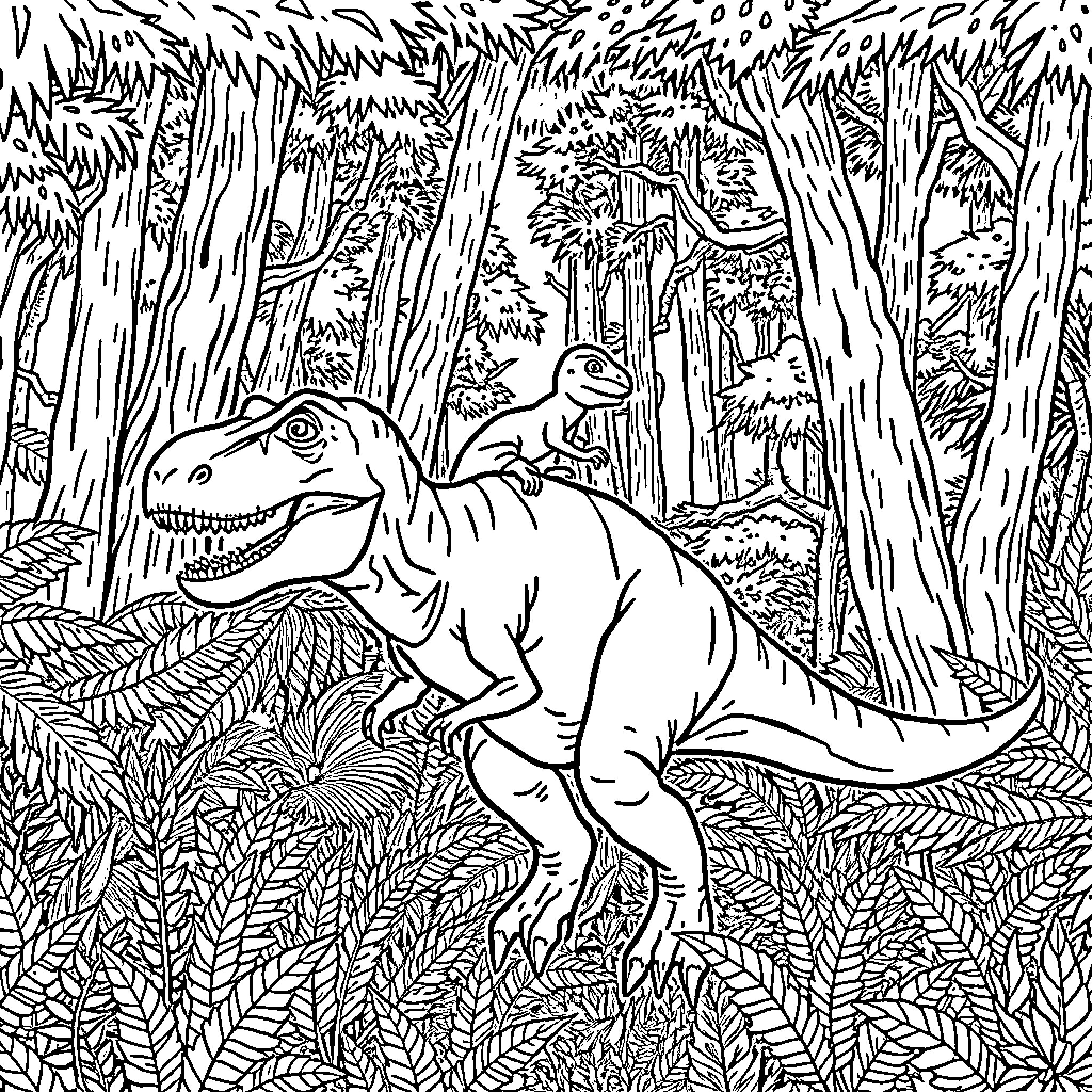 Raptor stalking through the dense forest Coloring Page (free black-and-white line drawing printable PDF for all, from beginners to advanced learners, including children, teens, adults, and seniors)