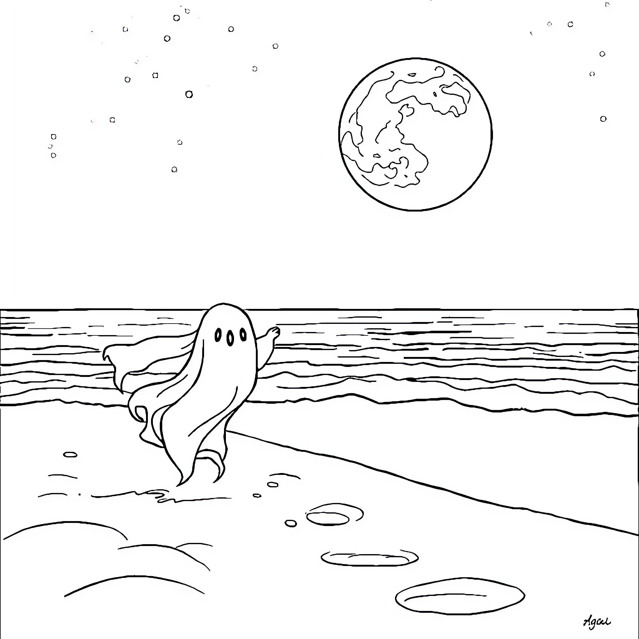 Ghost-like figure exploring a moonlit beach Coloring Page (free black-and-white line drawing printable PDF for all, from beginners to advanced learners, including children, teens, adults, and seniors)
