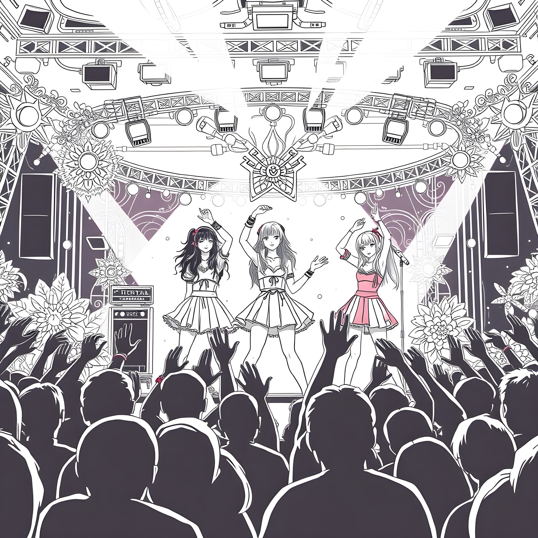 Blackpink live performance on stage Coloring Page (free black-and-white line drawing printable PDF for all, from beginners to advanced learners, including children, teens, adults, and seniors)