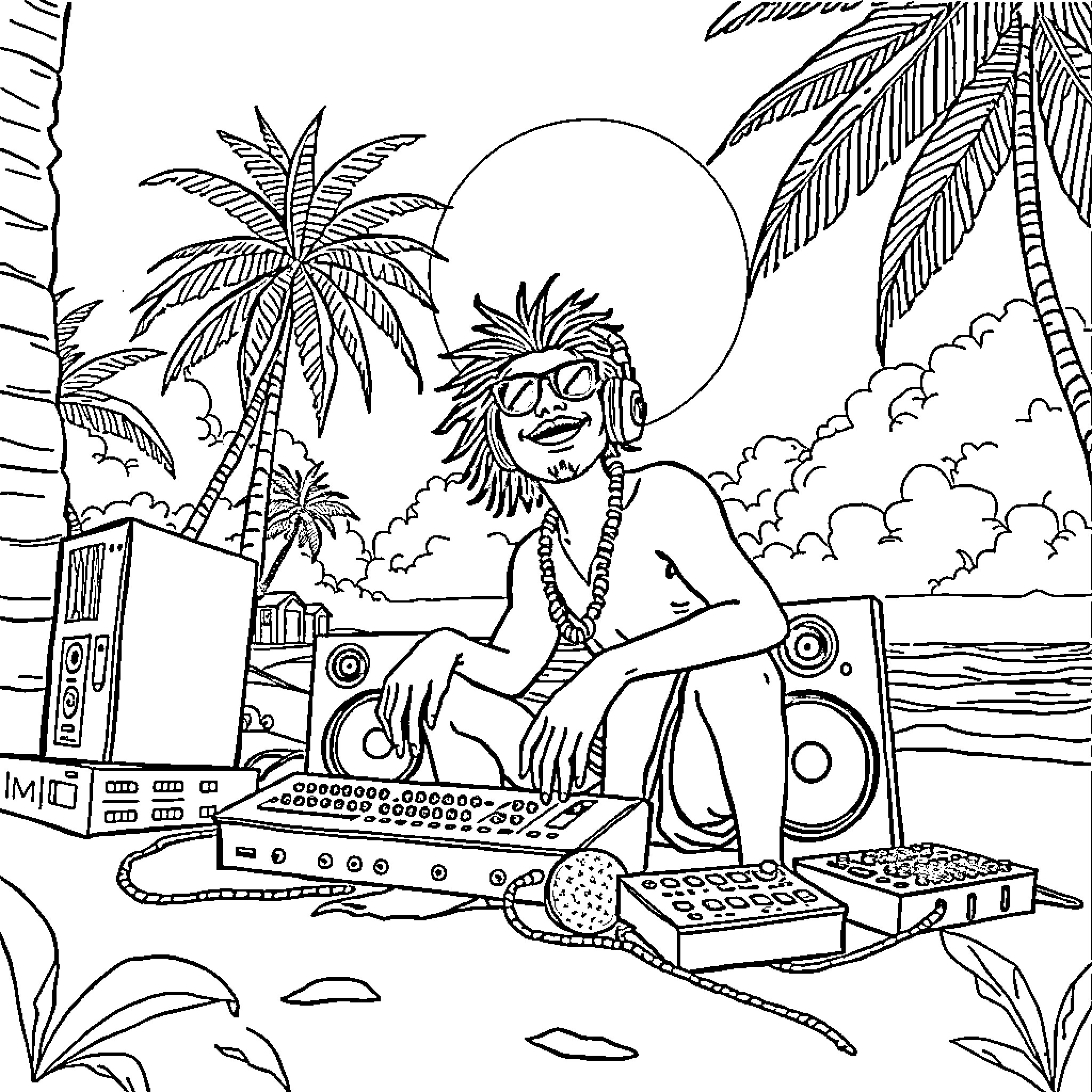 Junglist DJ rocking the beach party Coloring Page (free black-and-white line drawing printable PDF for all, from beginners to advanced learners, including children, teens, adults, and seniors)