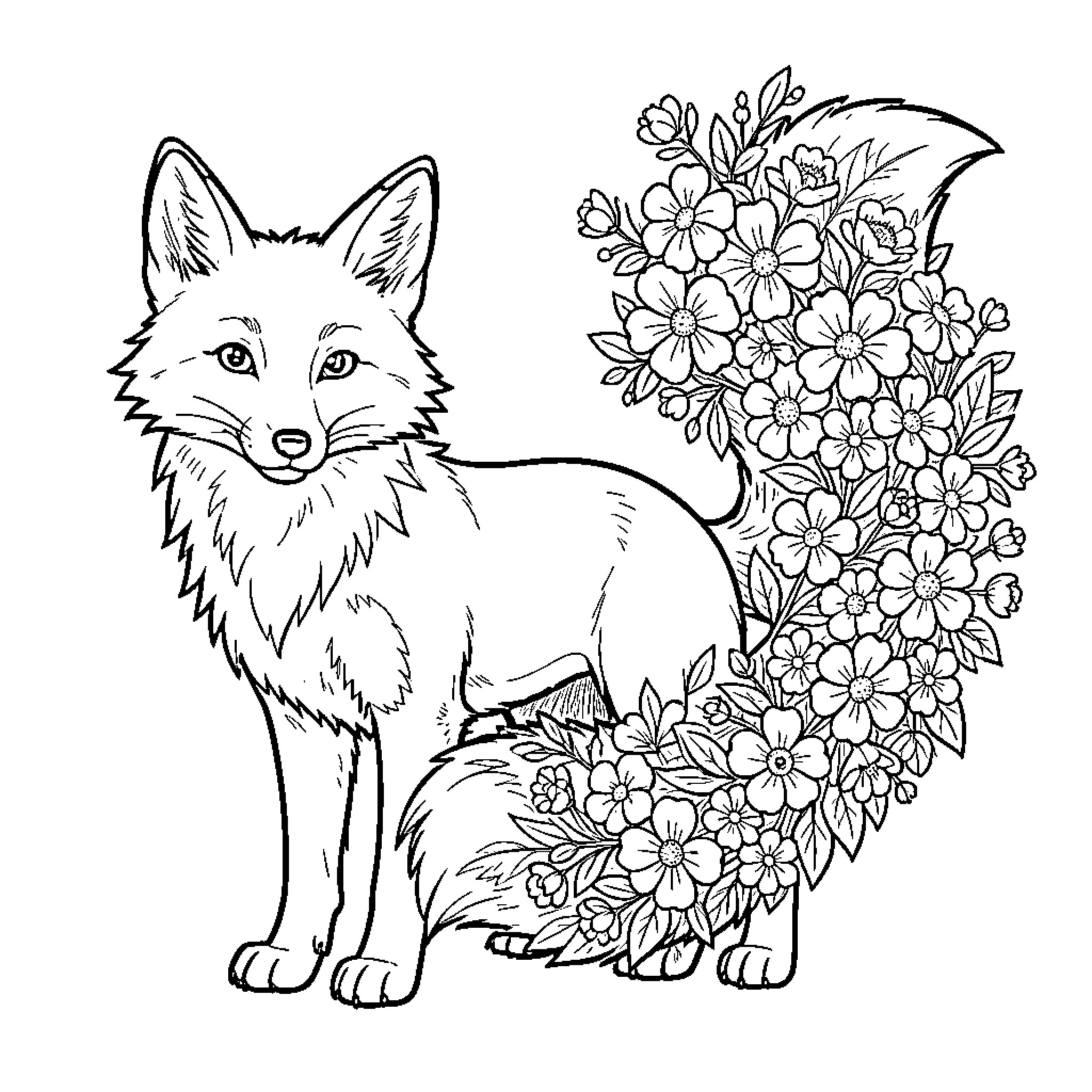 Fox sitting peacefully surrounded by blooming flowers Coloring Page (free black-and-white line drawing printable PDF for all, from beginners to advanced learners, including children, teens, adults, and seniors)