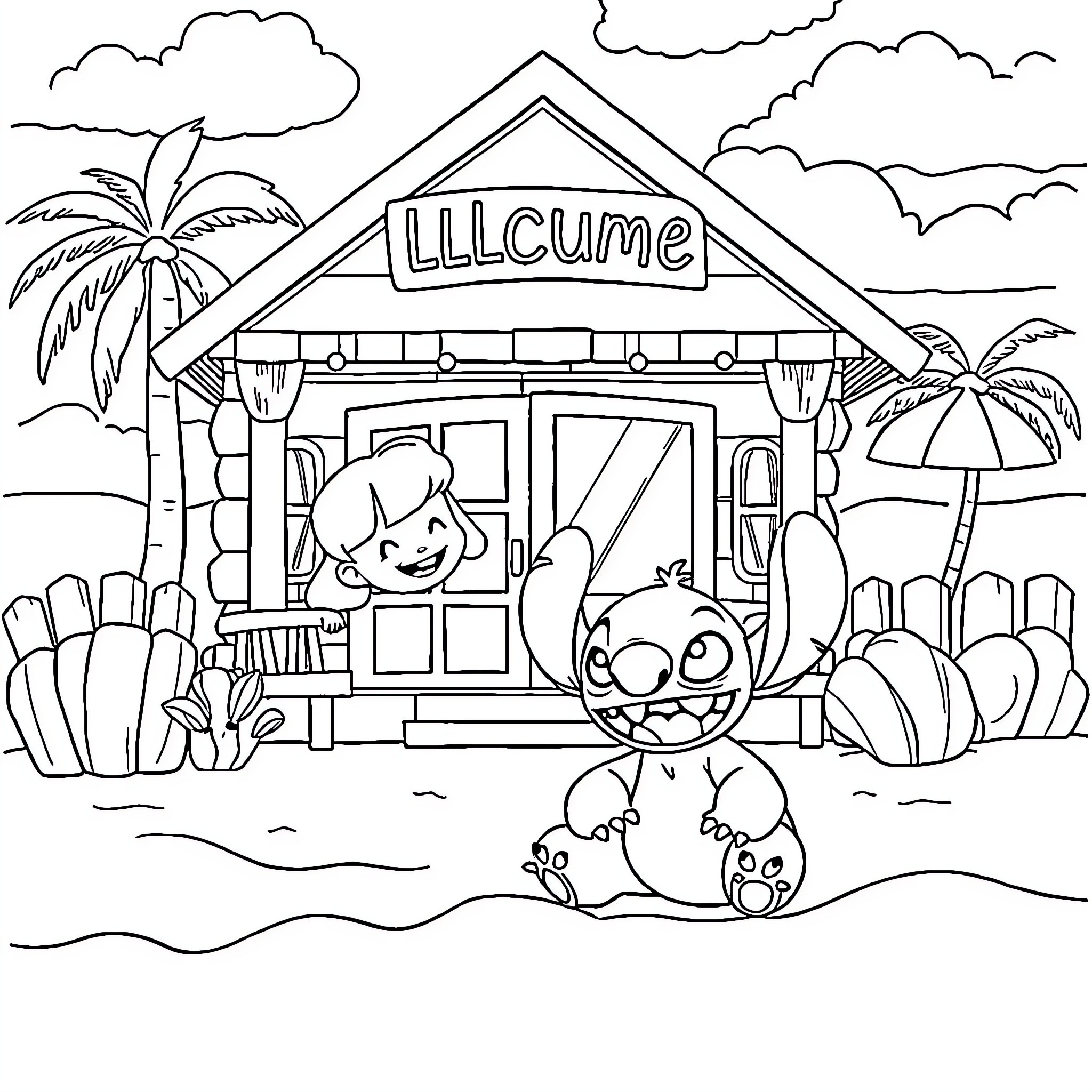 Lucy's Tropical Vacation at Lllcume Coloring Page (free black-and-white line drawing printable PDF for all, from beginners to advanced learners, including children, teens, adults, and seniors)