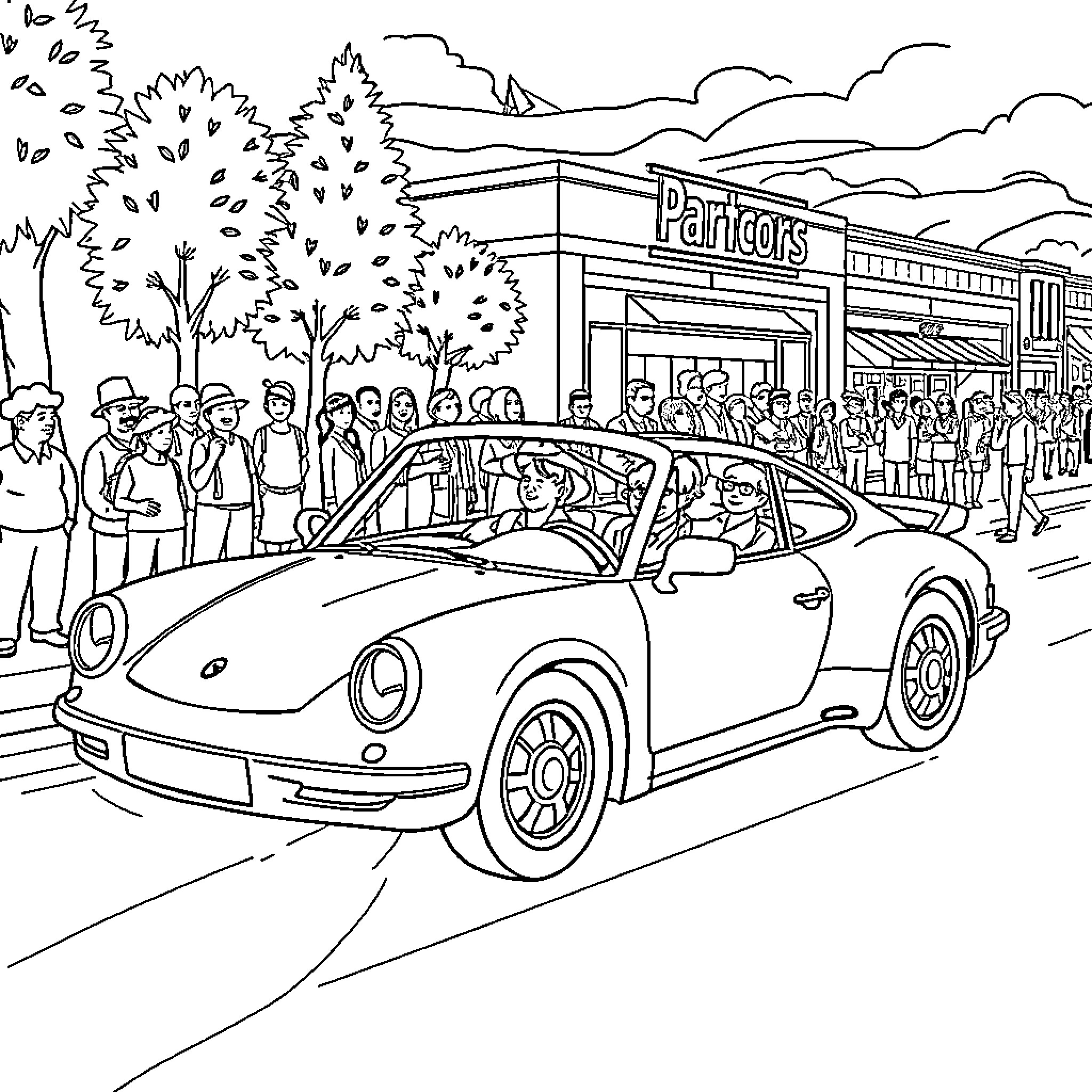 Voiture parked outside store with crowd watching Coloring Page (free black-and-white line drawing printable PDF for all, from beginners to advanced learners, including children, teens, adults, and seniors)