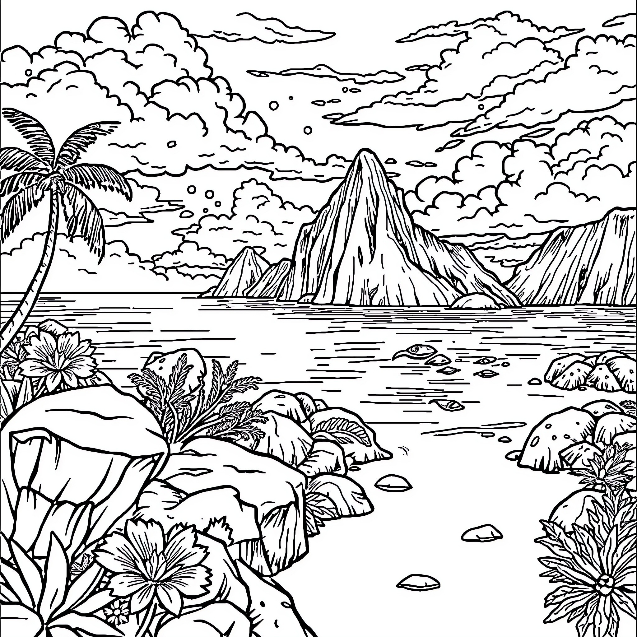 Beach scene with mountain, palm trees, and tropical flowers Coloring Page (free black-and-white line drawing printable PDF for all, from beginners to advanced learners, including children, teens, adults, and seniors)