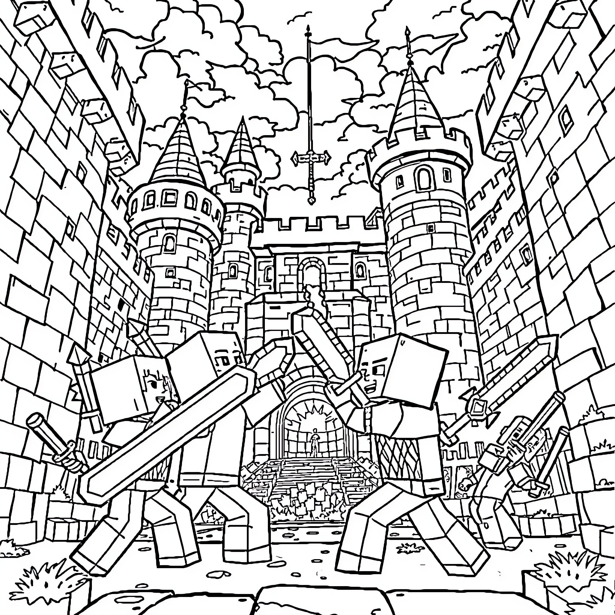 Minecraft Character Battling Enemies in Fantasy Castle Coloring Page (free black-and-white line drawing printable PDF for all, from beginners to advanced learners, including children, teens, adults, and seniors)