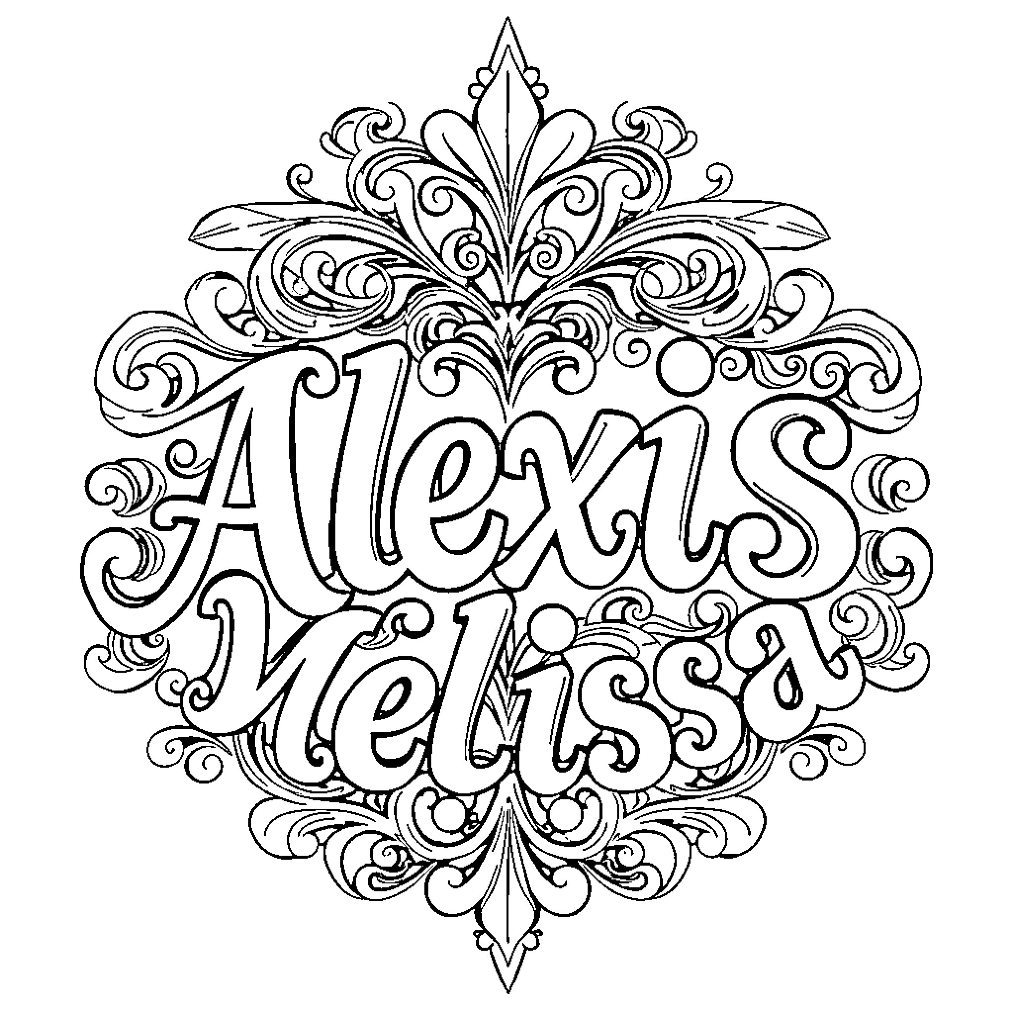 Ambigram of Alexis Melissa Coloring Page (free black-and-white line drawing printable PDF for all, from beginners to advanced learners, including children, teens, adults, and seniors)