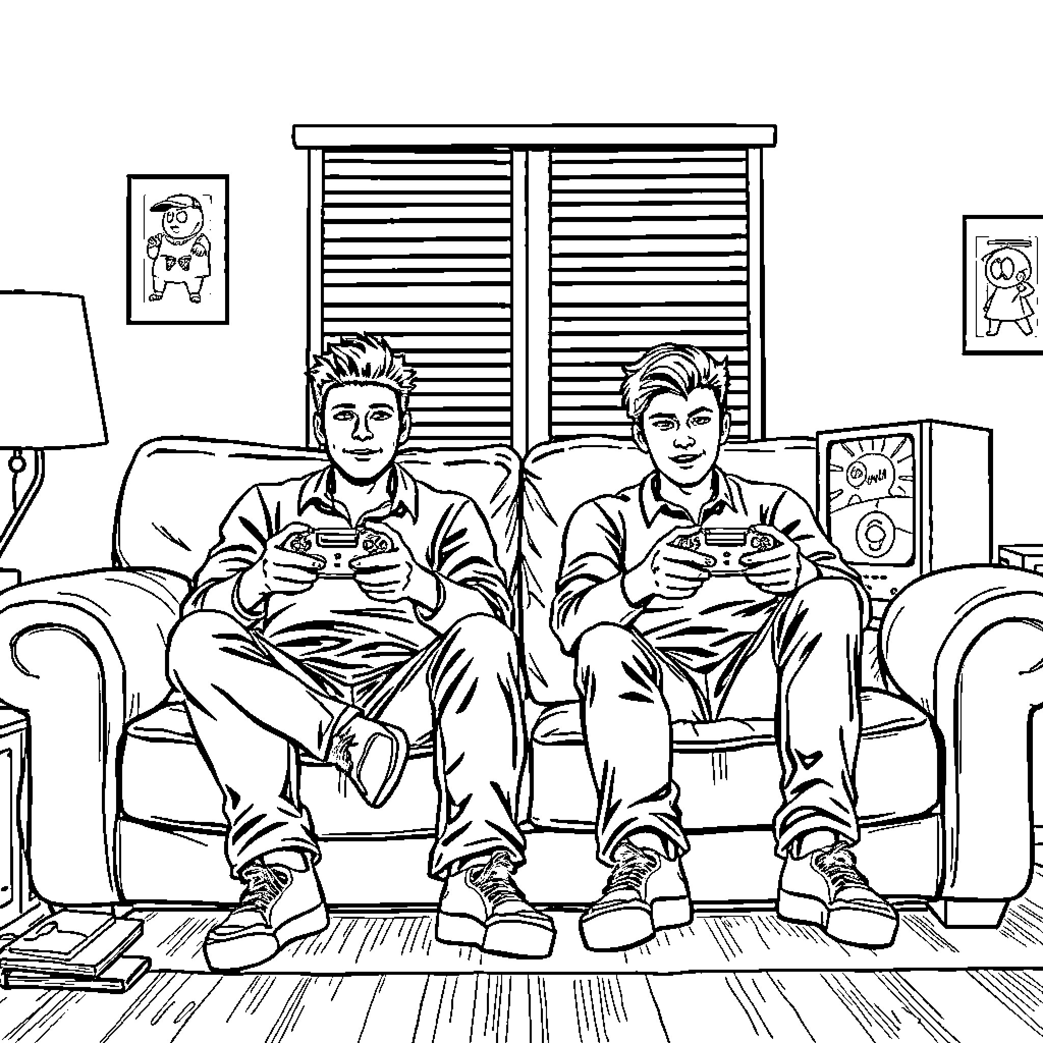Guy gamers enjoying game controllers on couch Coloring Page (free black-and-white line drawing printable PDF for all, from beginners to advanced learners, including children, teens, adults, and seniors)
