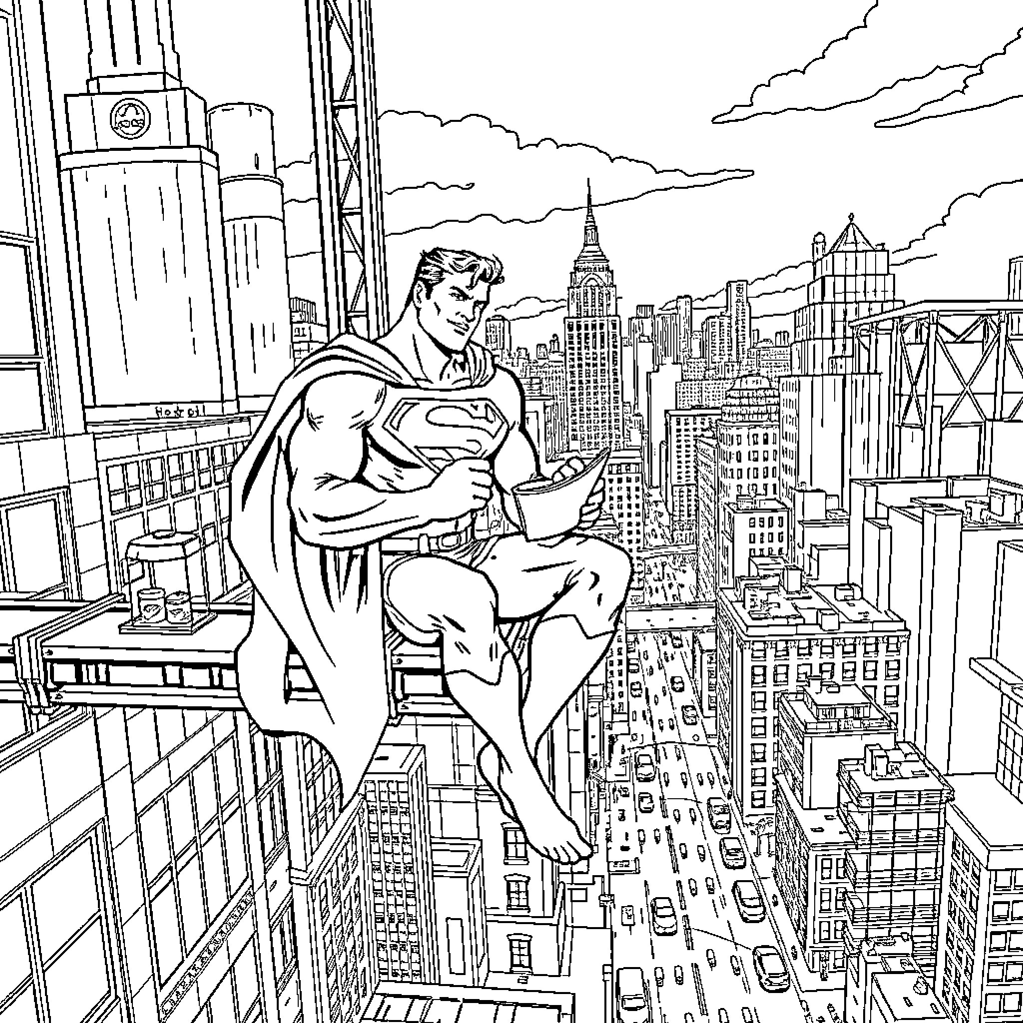 Superman overlooking the city skyline Coloring Page (free black-and-white line drawing printable PDF for all, from beginners to advanced learners, including children, teens, adults, and seniors)